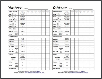 yahtzee score cards