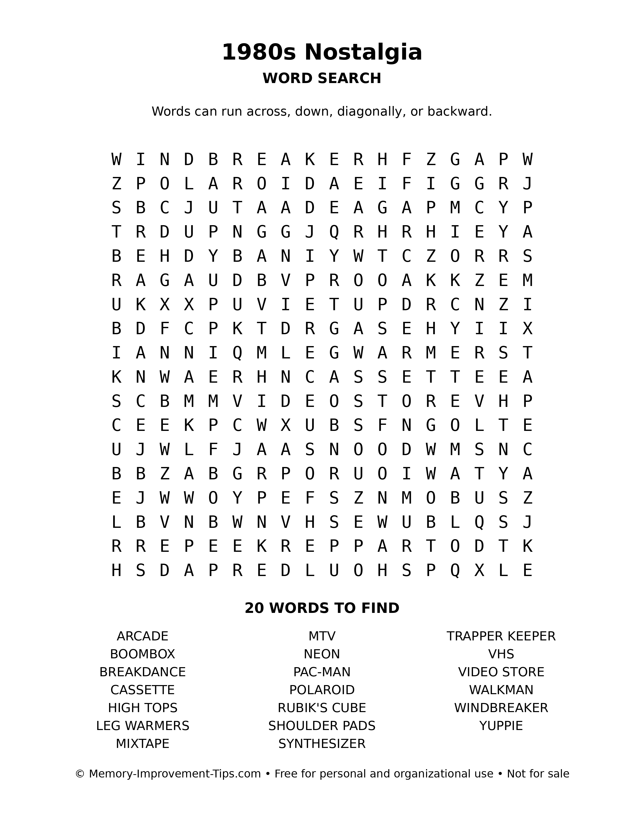 1980s Nostalgia word search puzzle