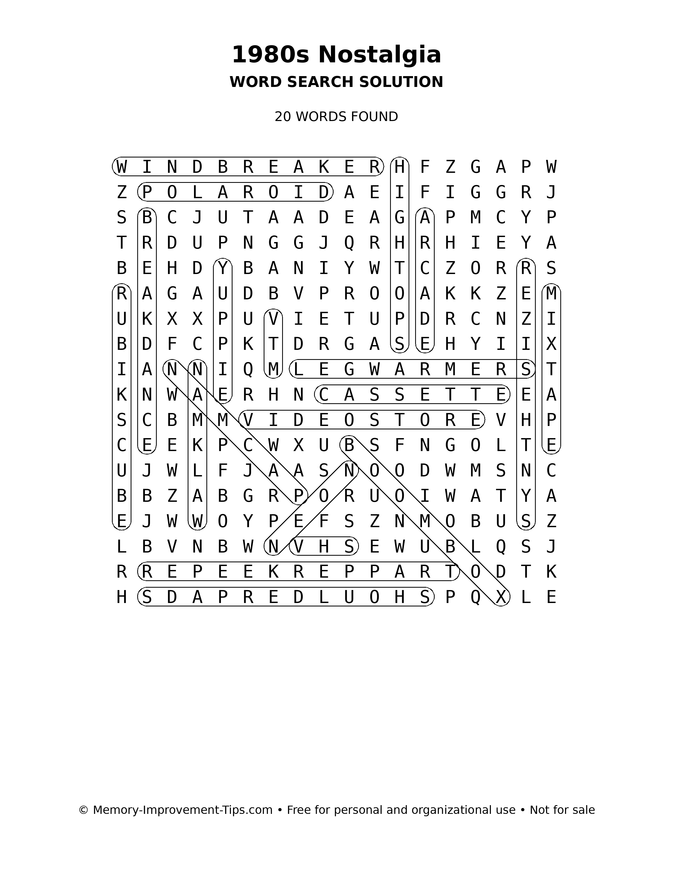 1980s Nostalgia word search solution