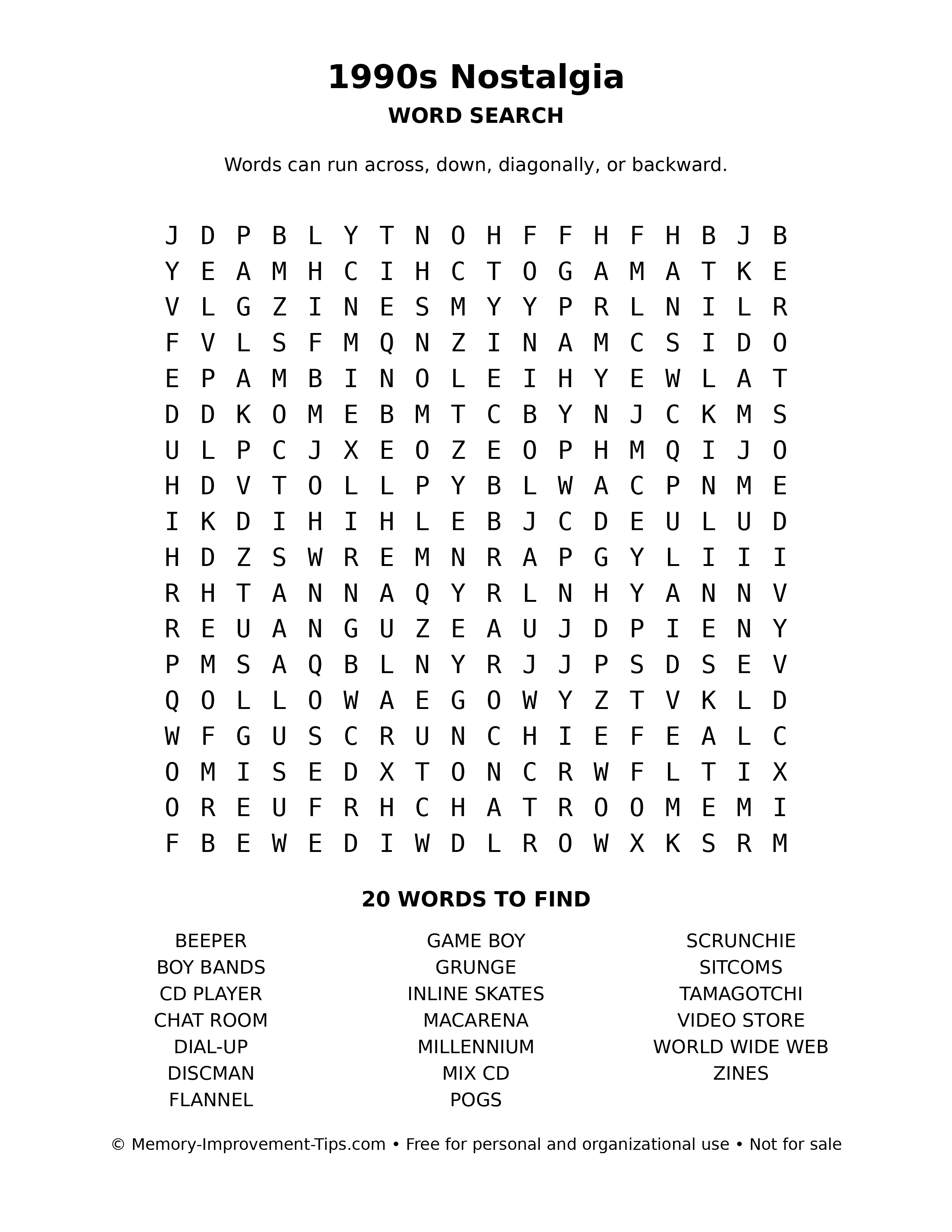 1990s Nostalgia word search puzzle