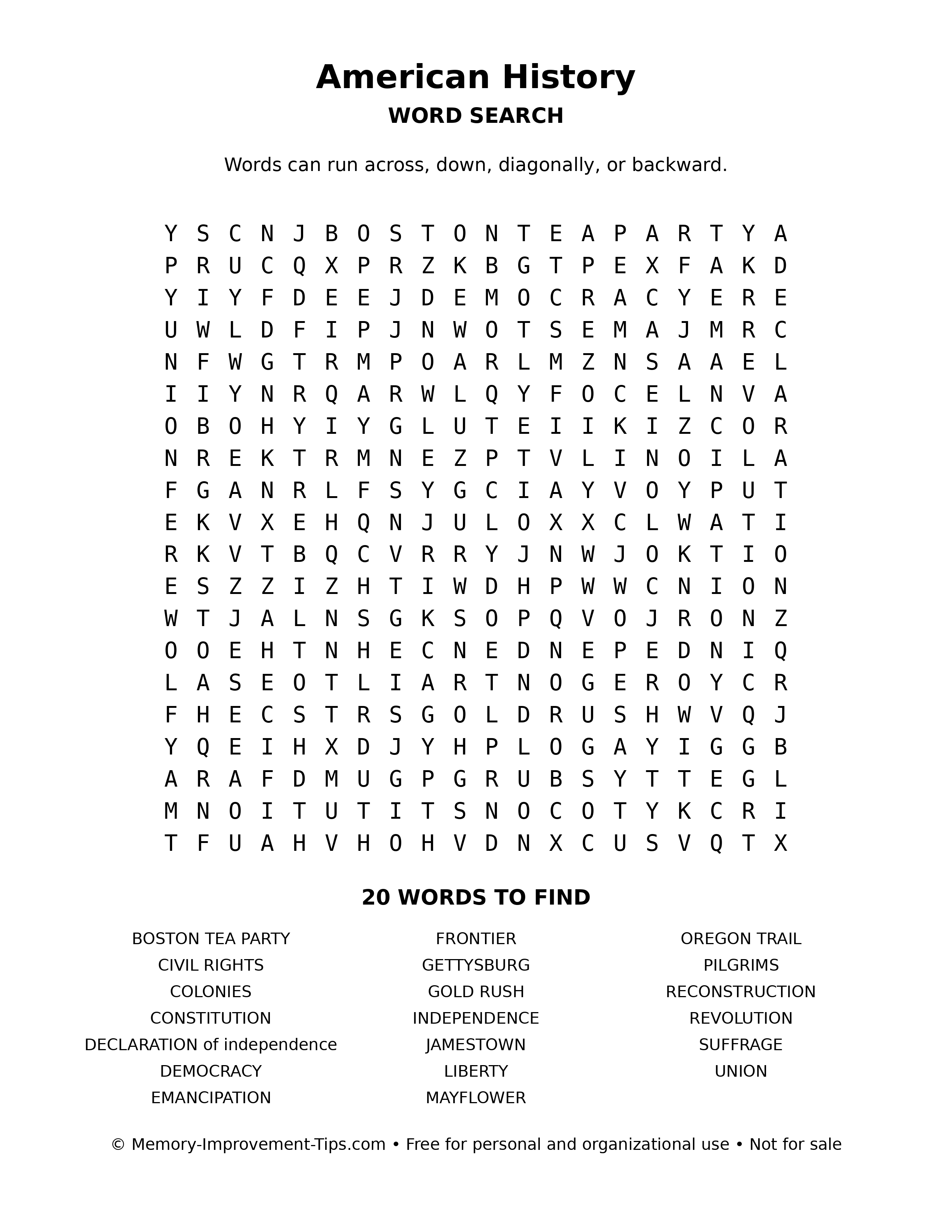 American History word search puzzle