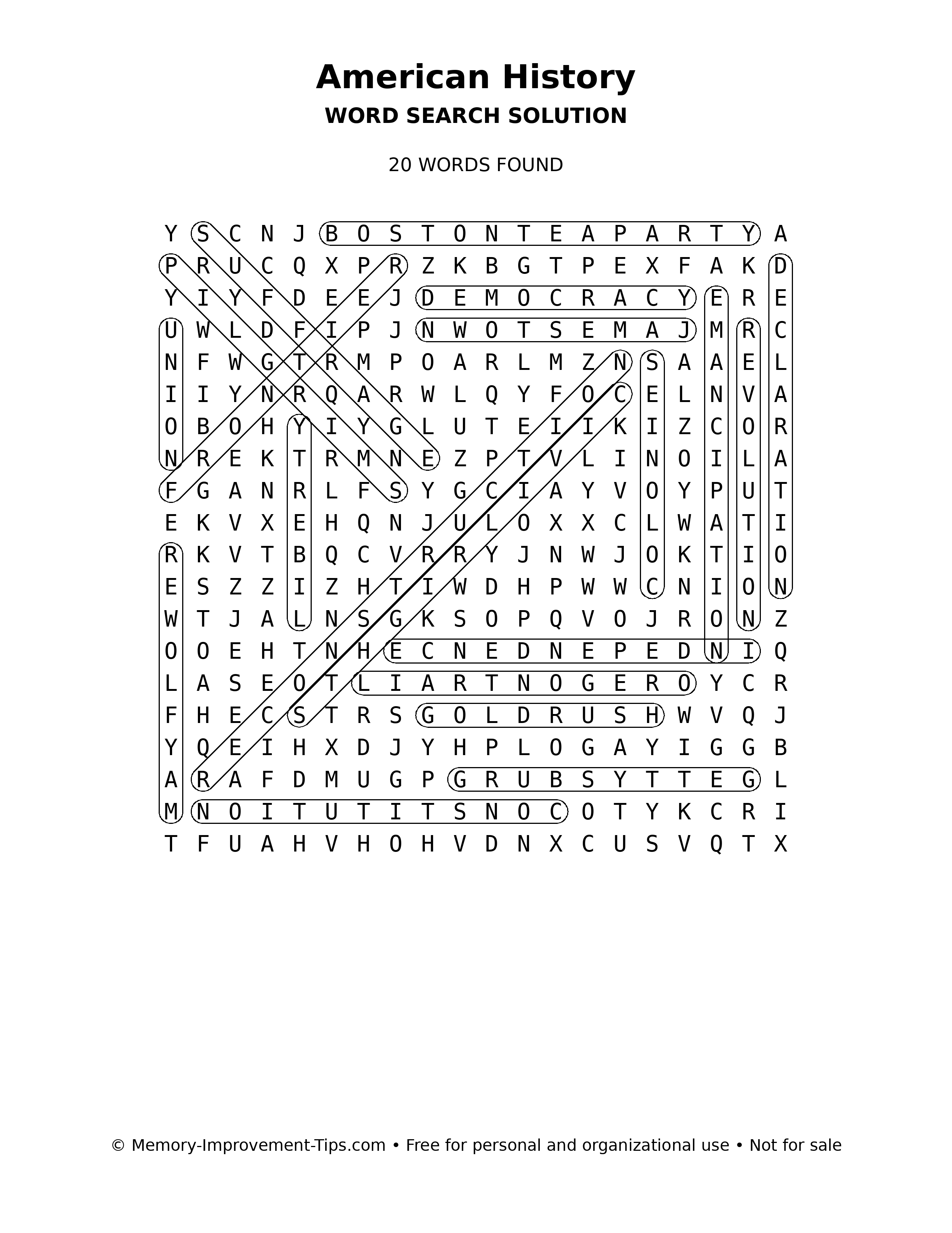 American History word search solution