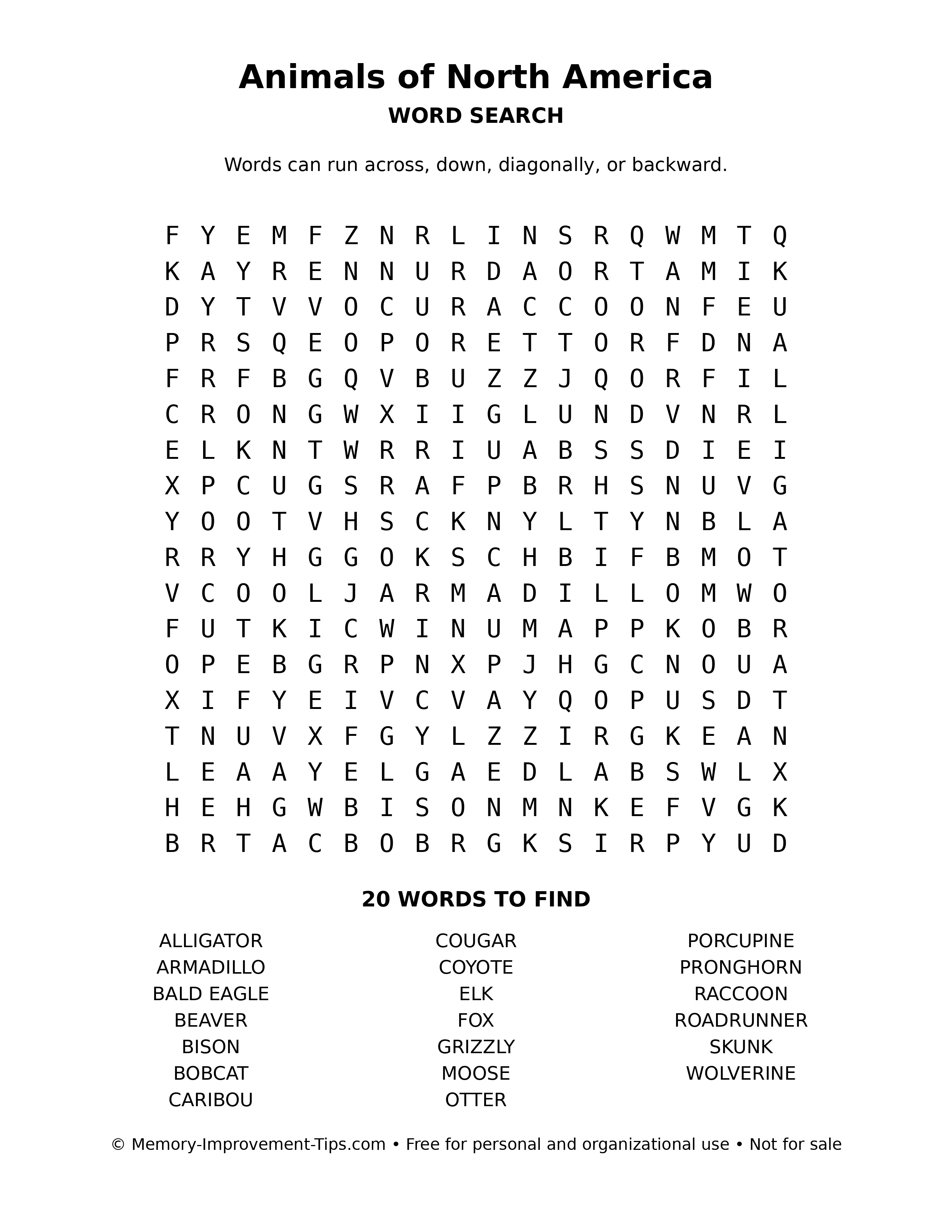 Animals of North America word search puzzle