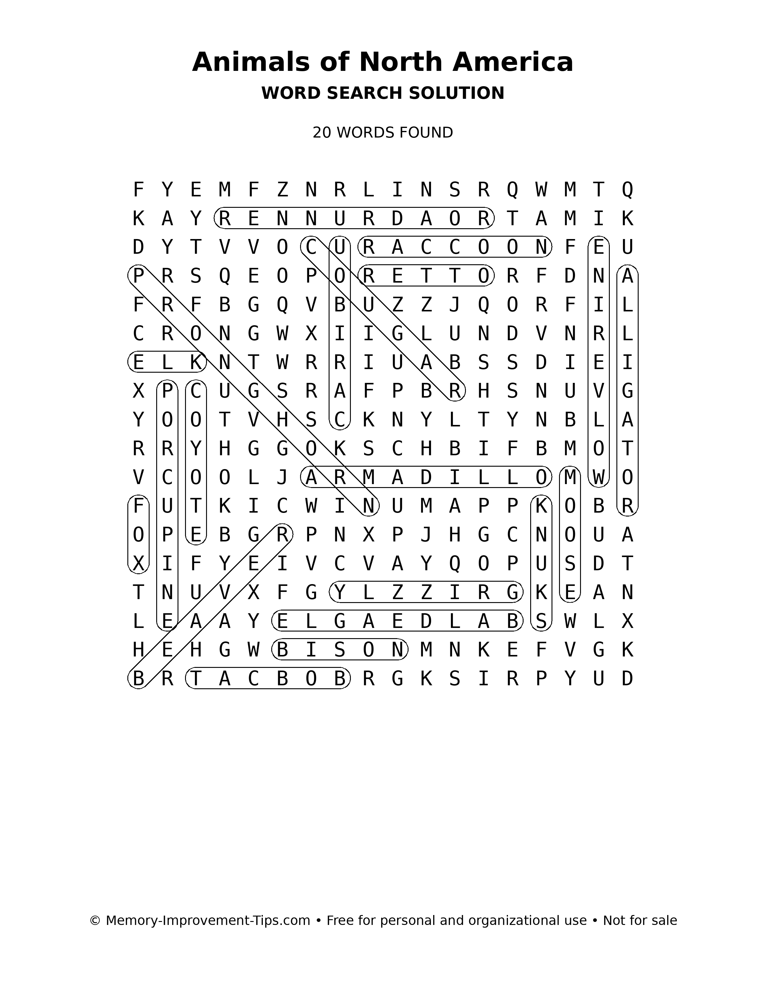 Animals of North America word search solution