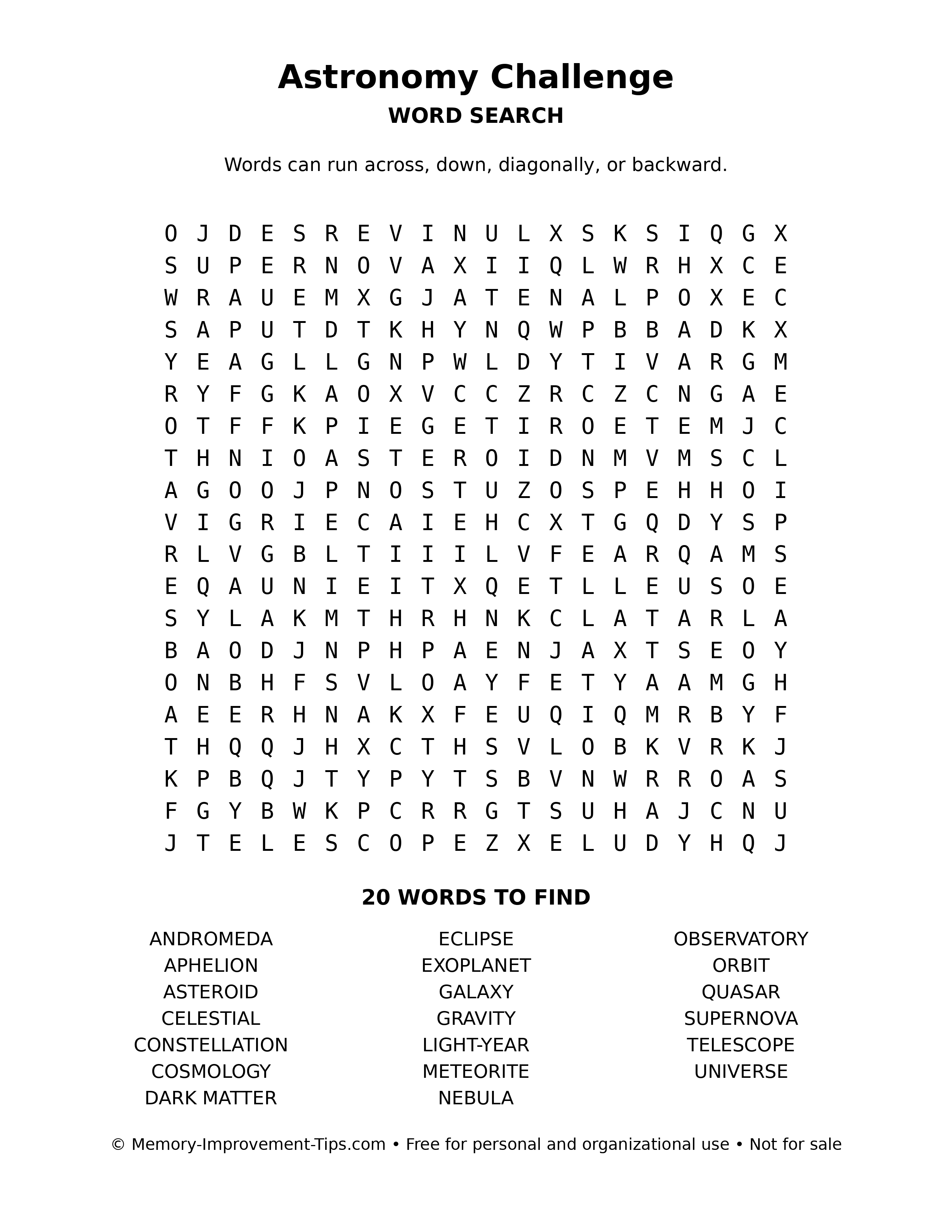Astronomy Challenge word search puzzle