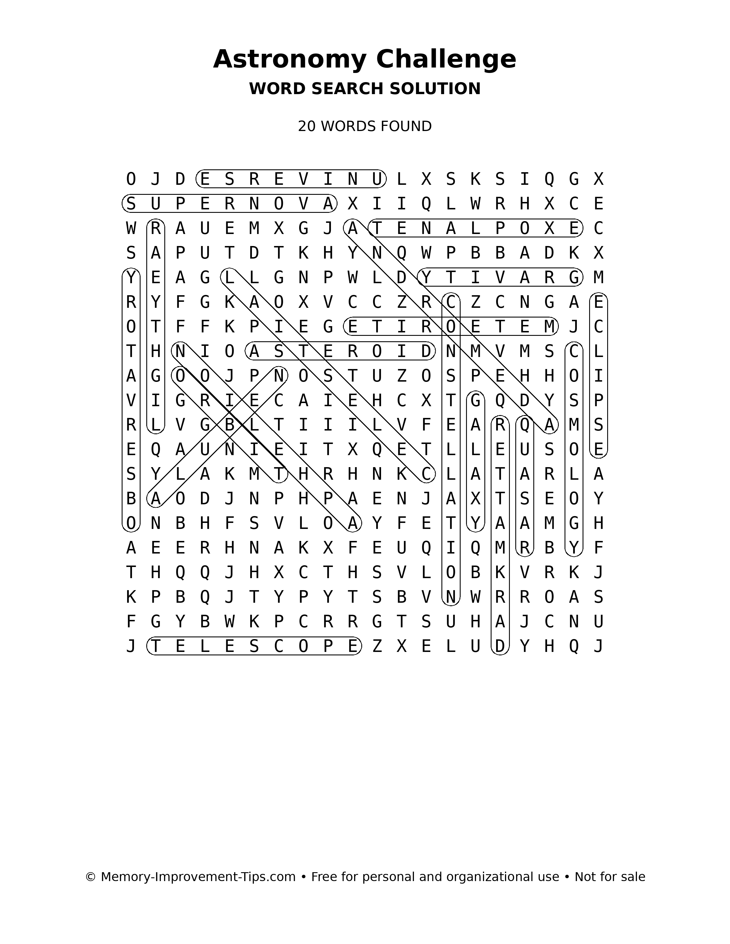 Astronomy Challenge word search solution