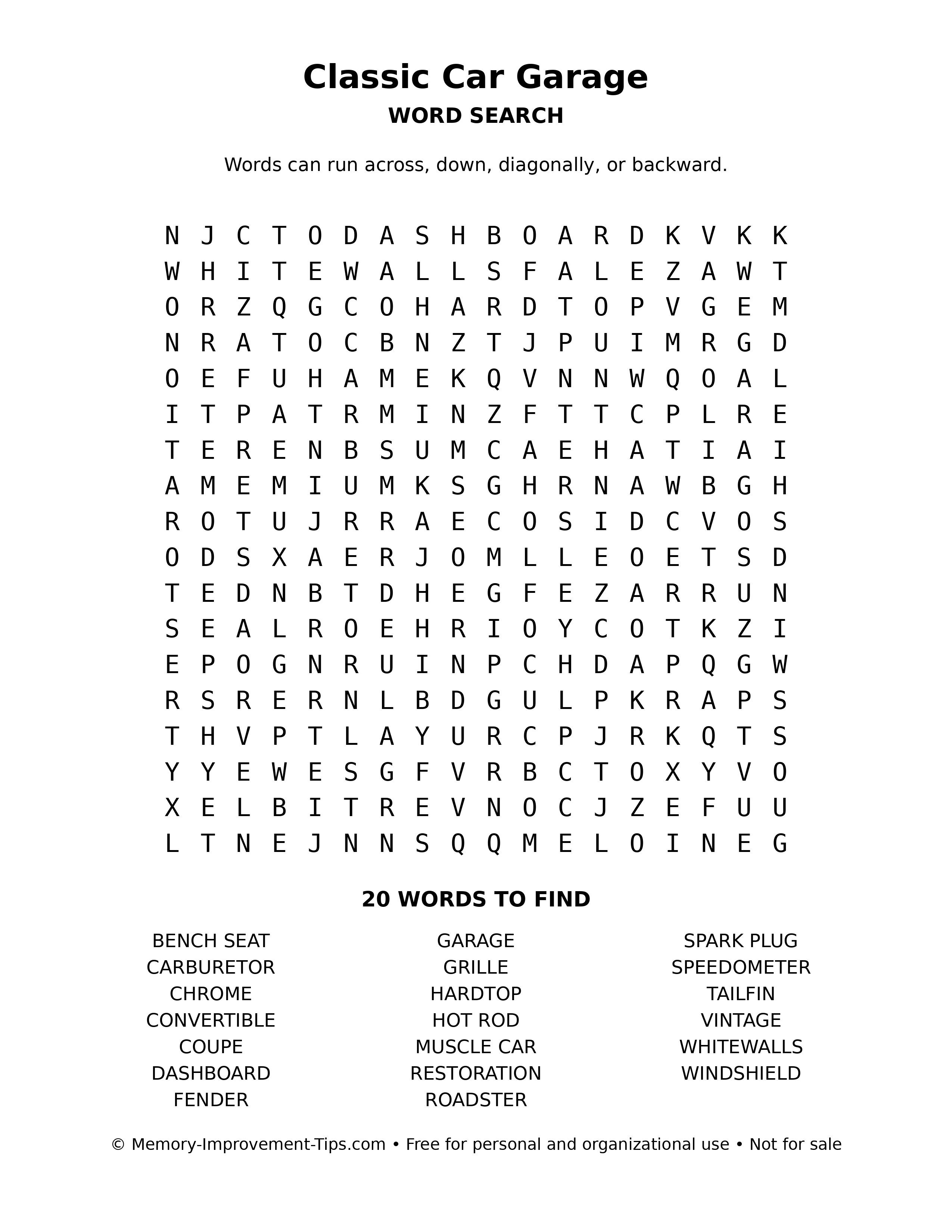 Classic Car Garage word search puzzle