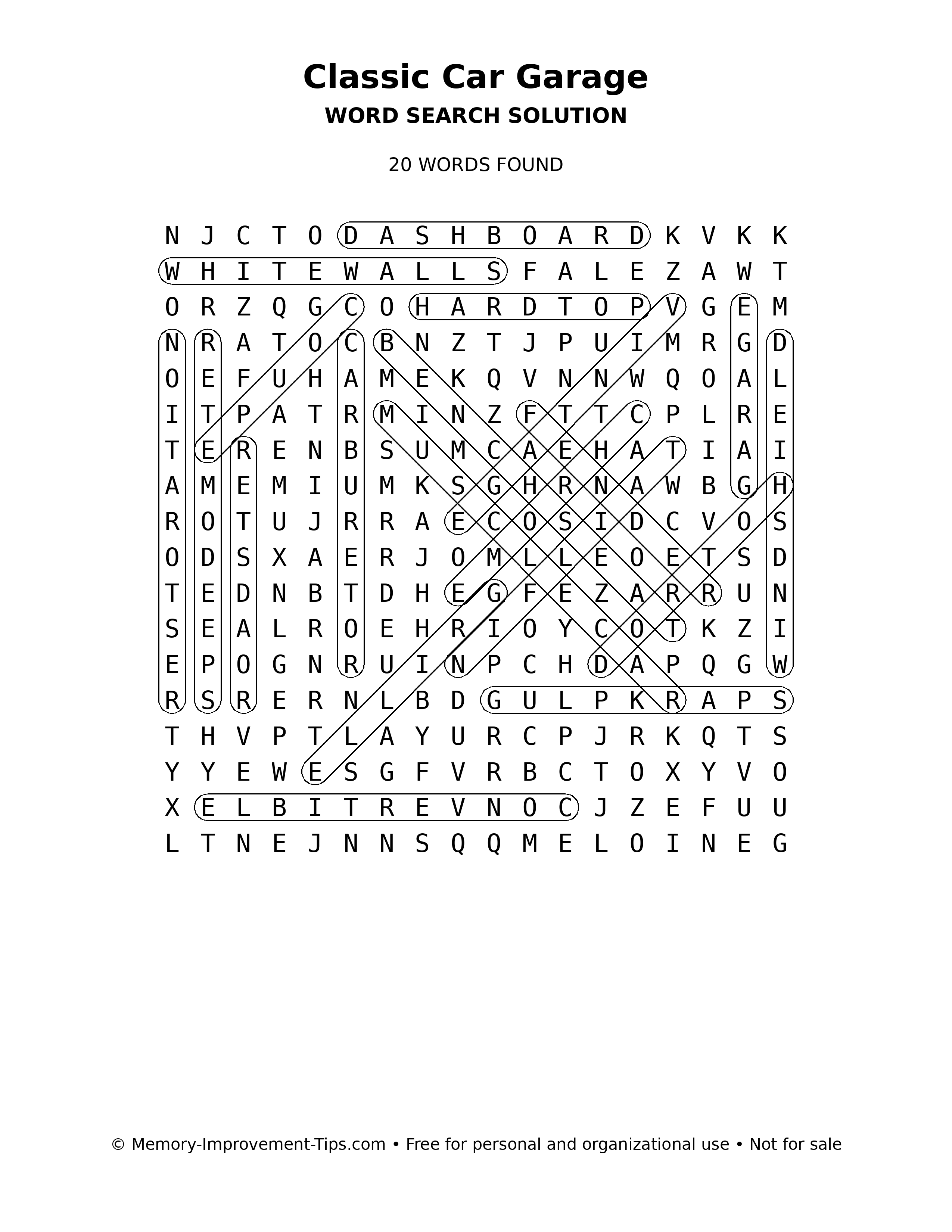 Classic Car Garage word search solution