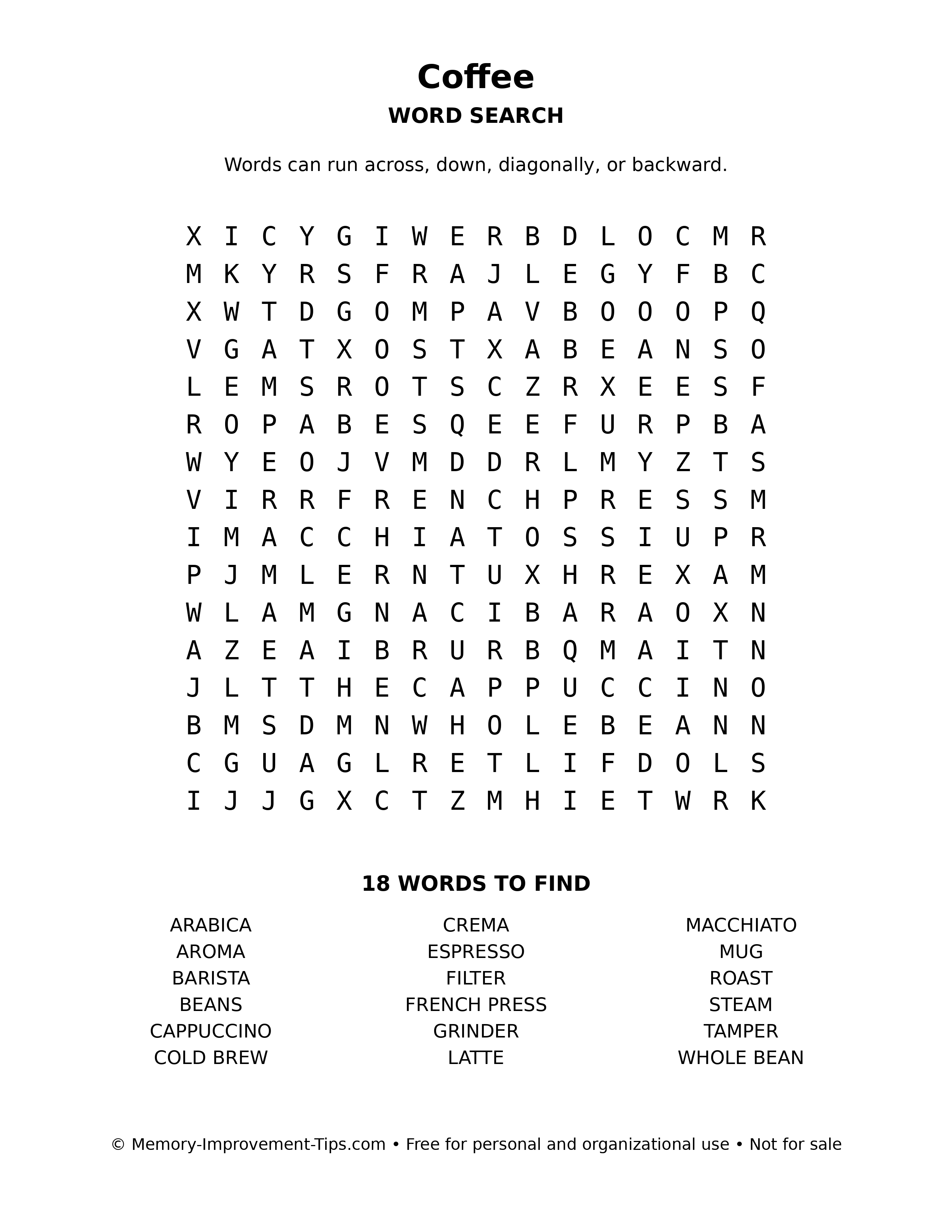 Coffee word search puzzle