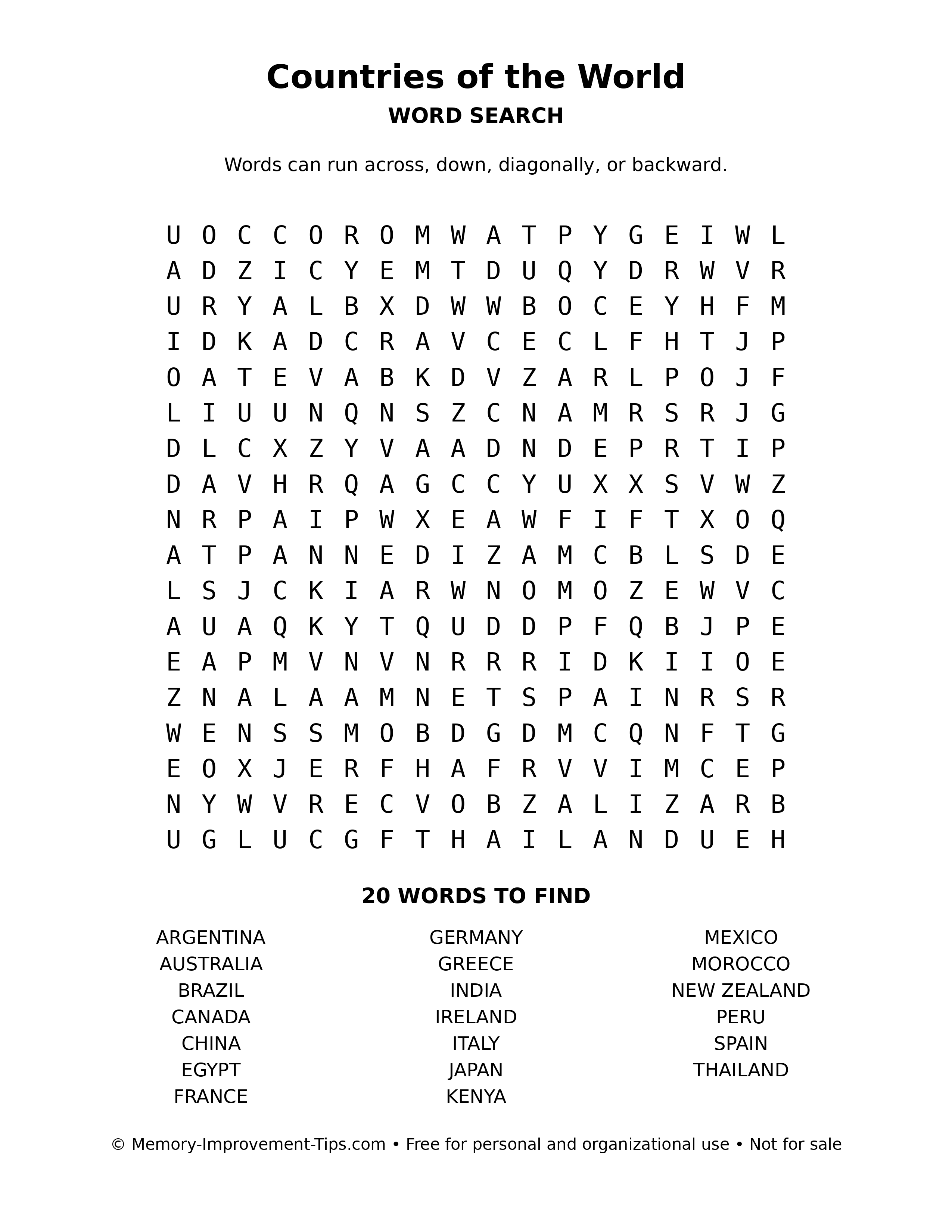 Countries of the World word search puzzle