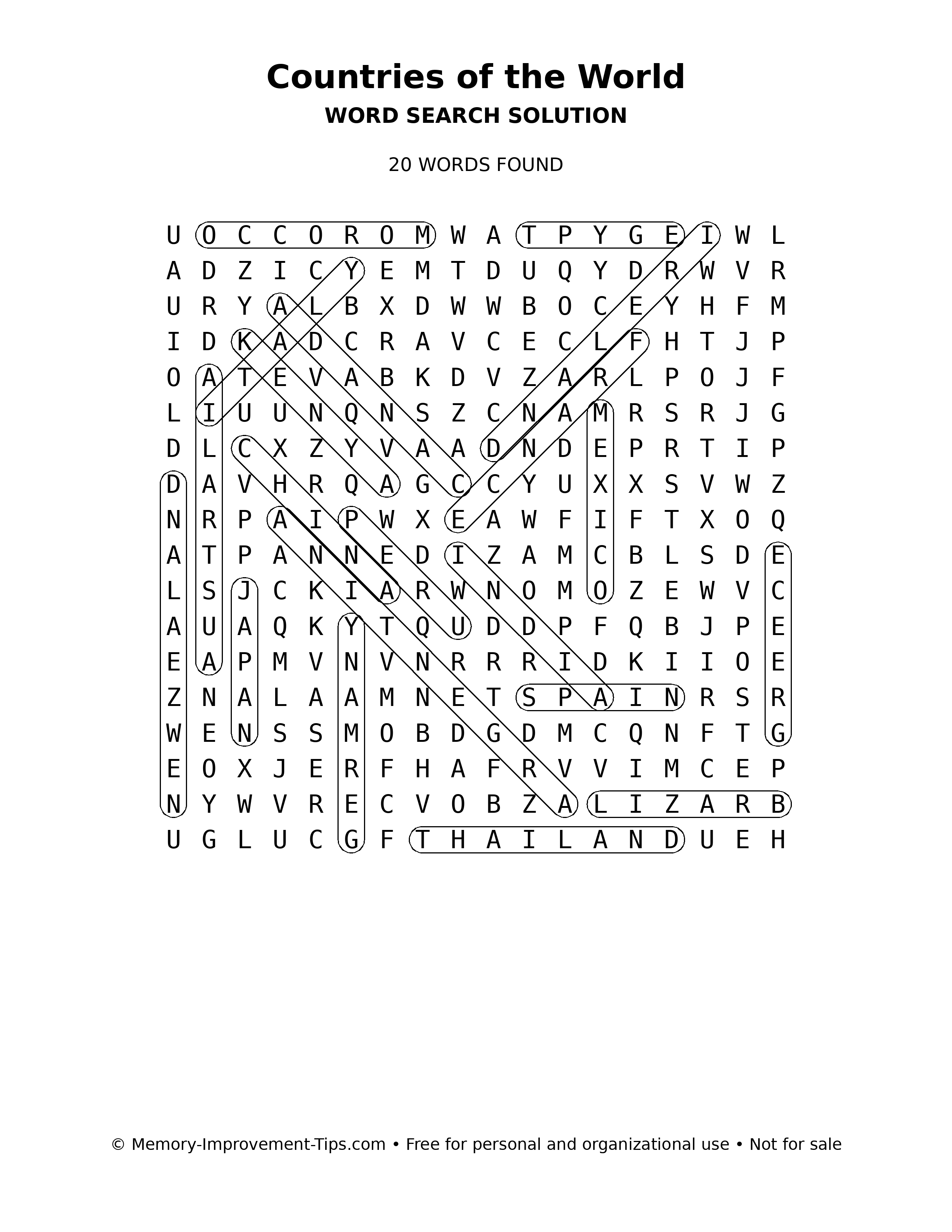 Countries of the World word search solution