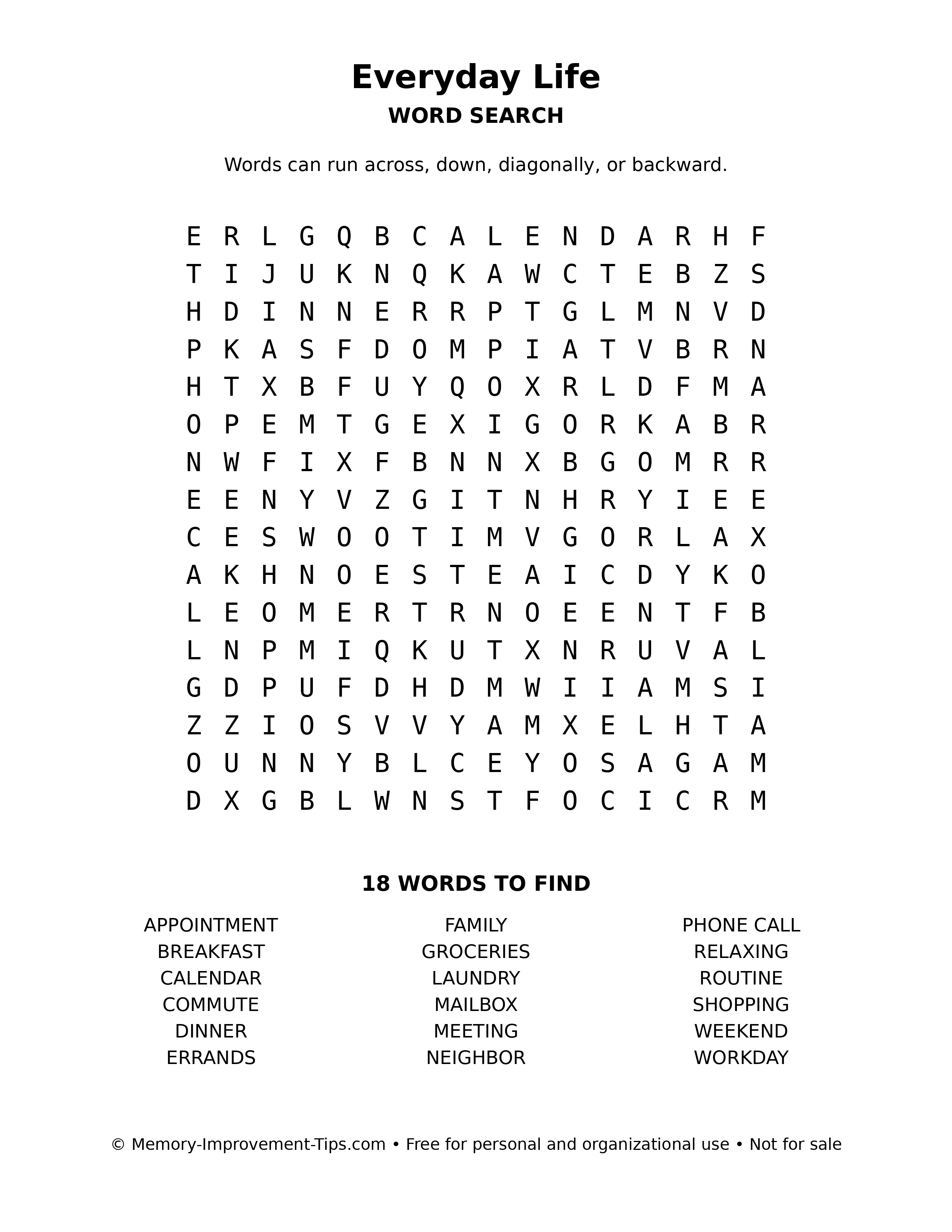 Everyday Life word search puzzle