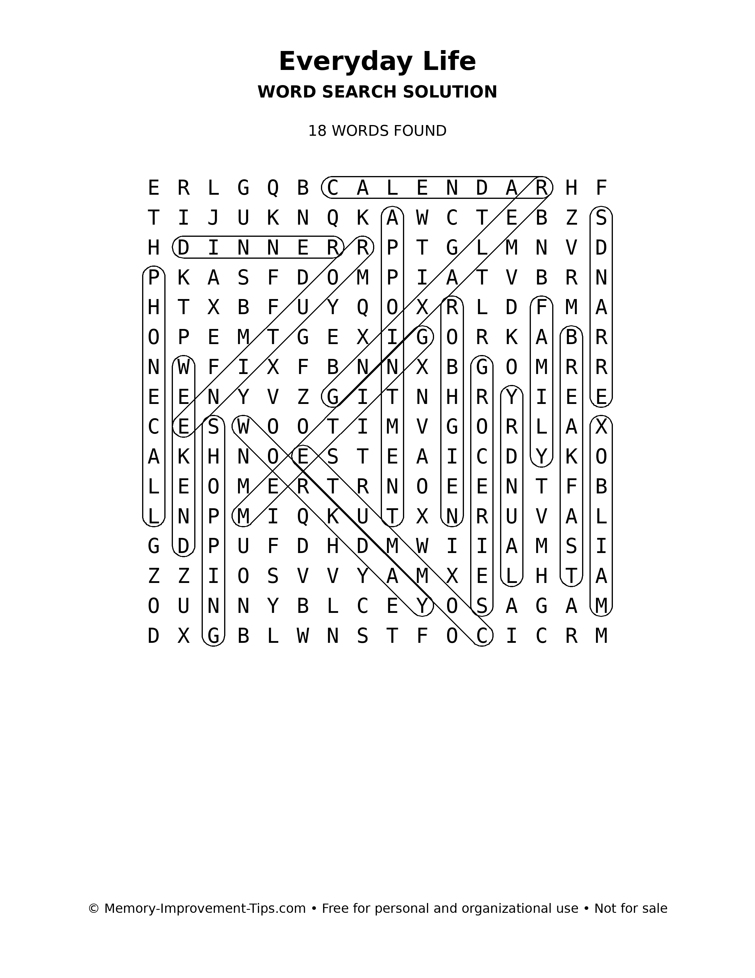 Everyday Life word search solution