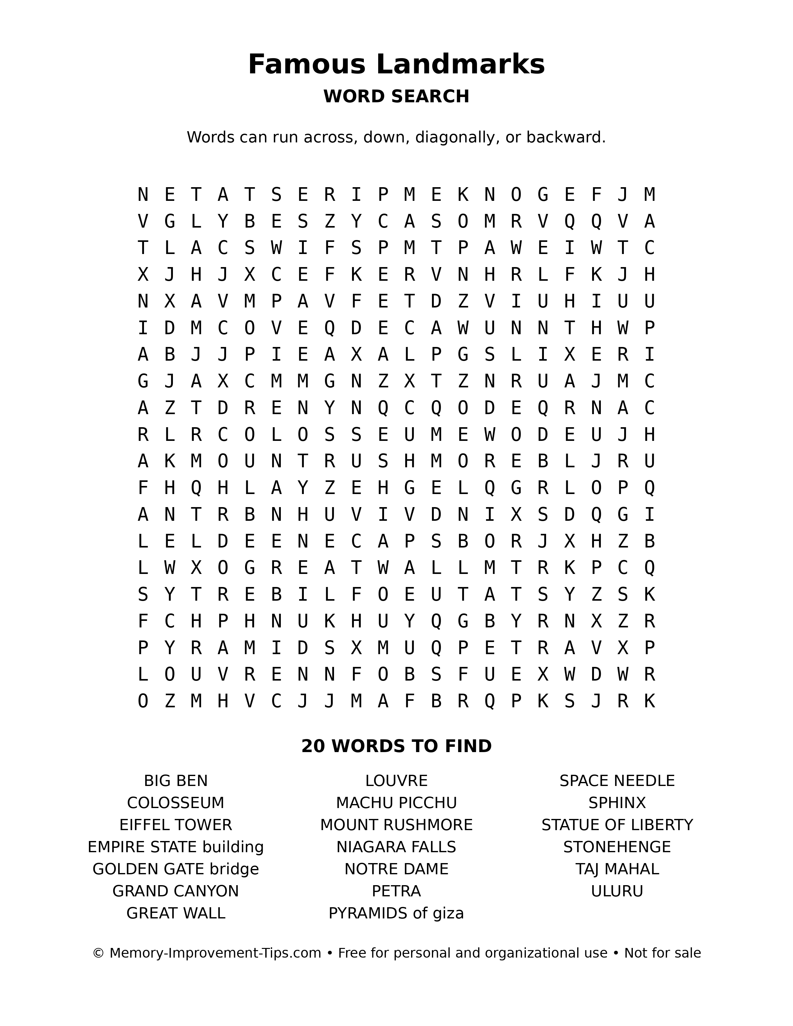 Famous Landmarks word search puzzle