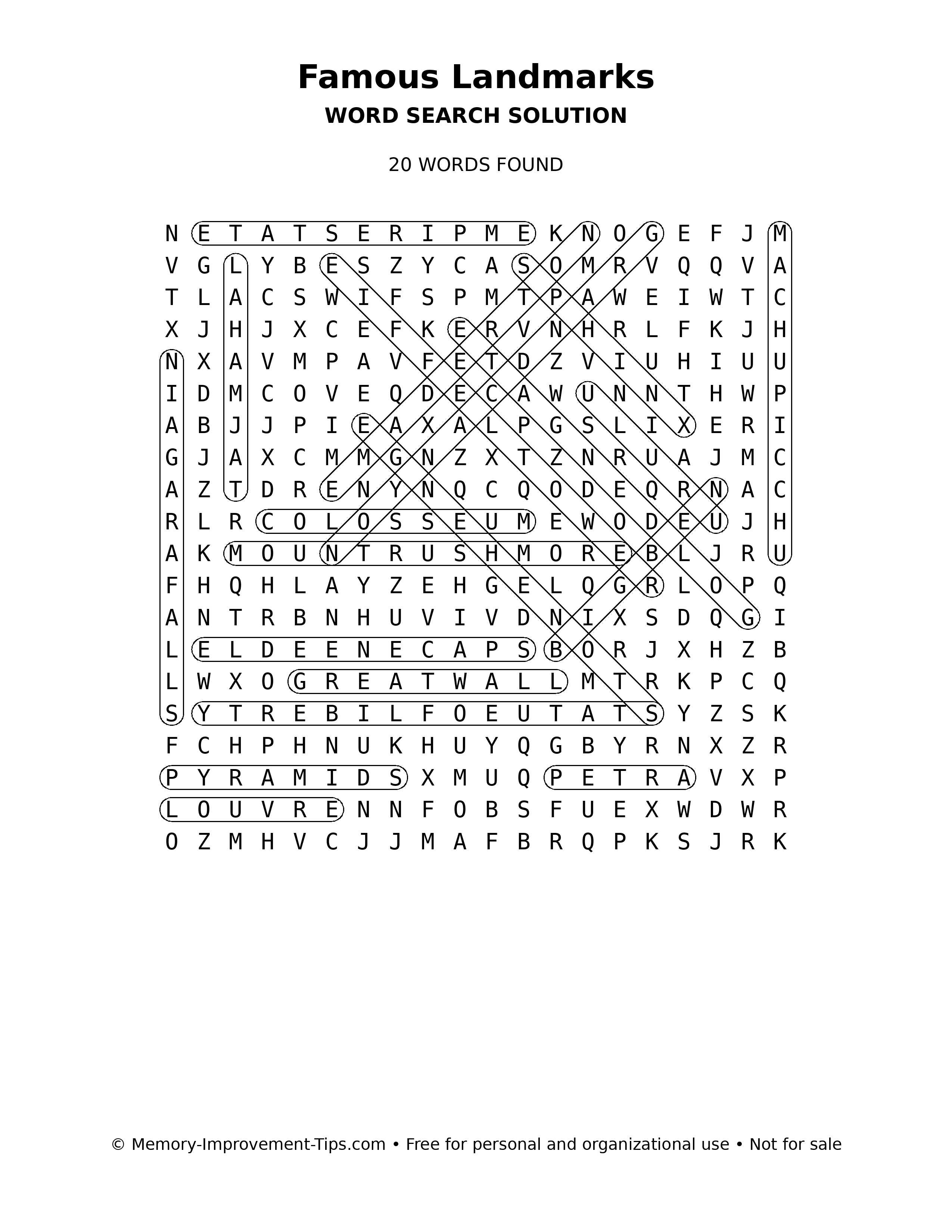 Famous Landmarks word search solution