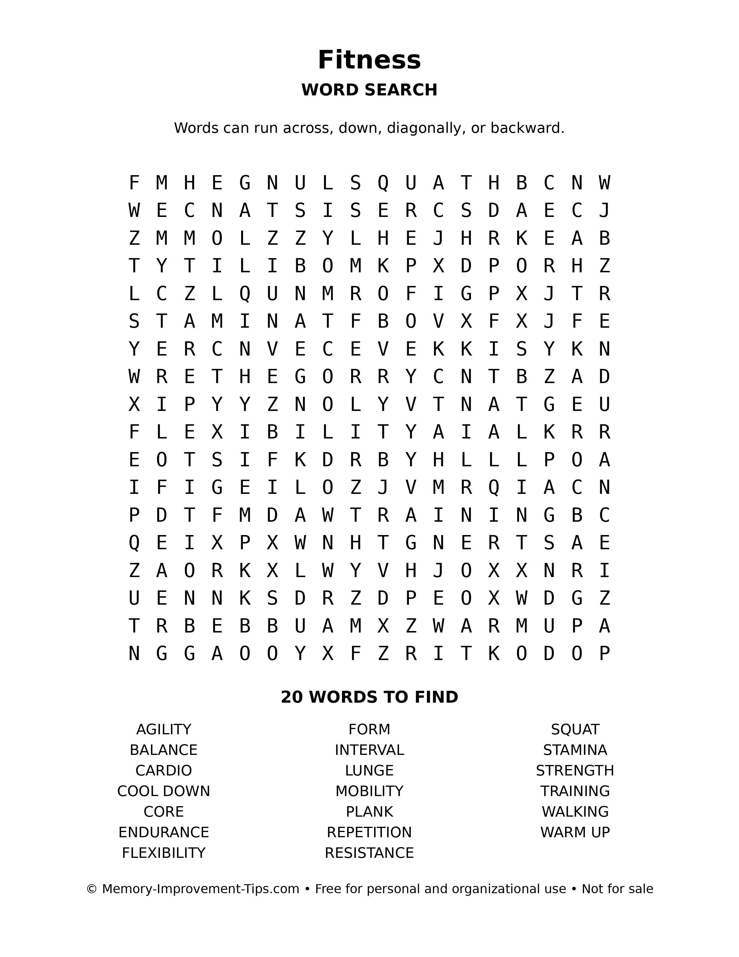 Fitness word search puzzle