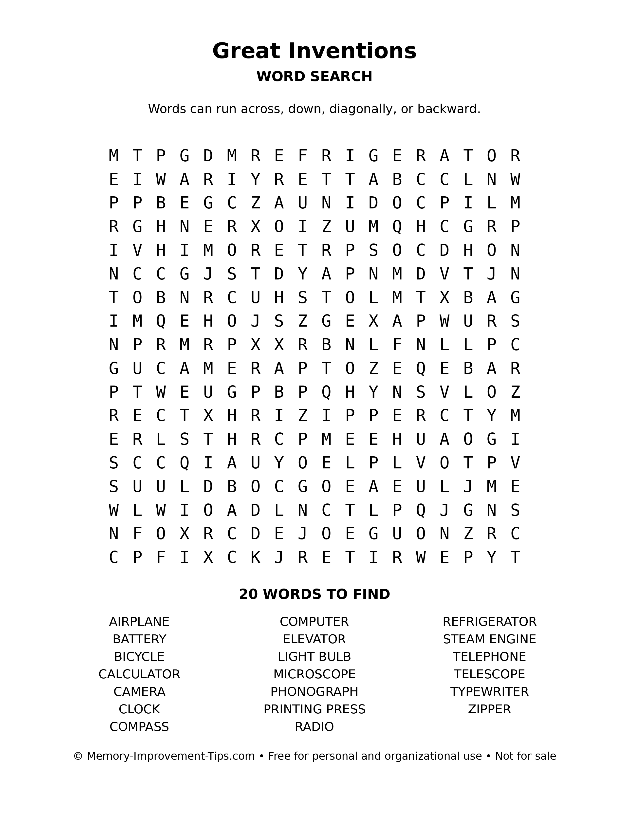 Great Inventions word search puzzle