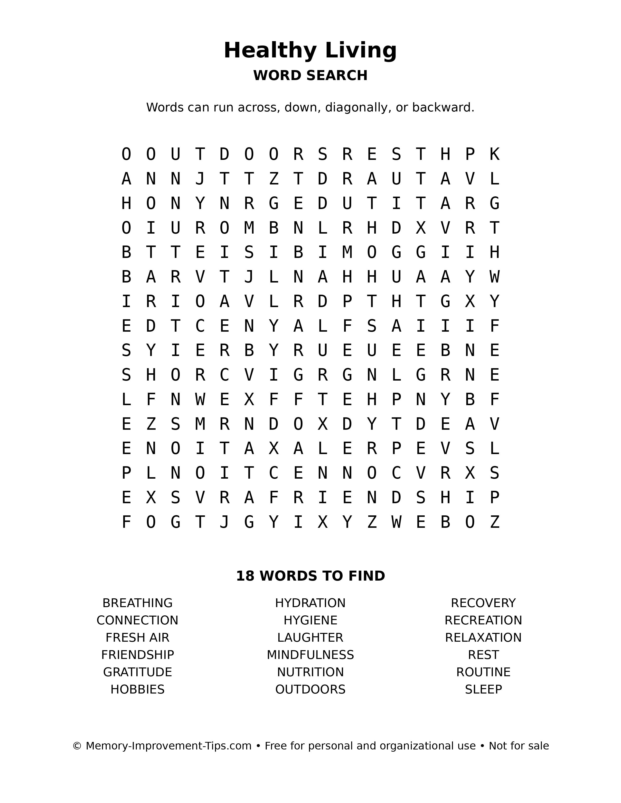Healthy Living word search puzzle