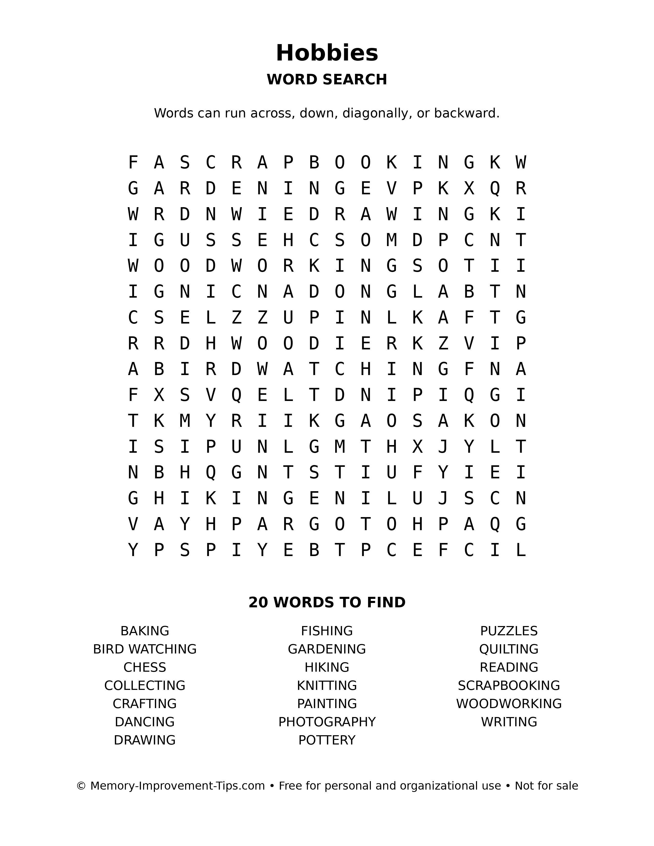 Hobbies word search puzzle
