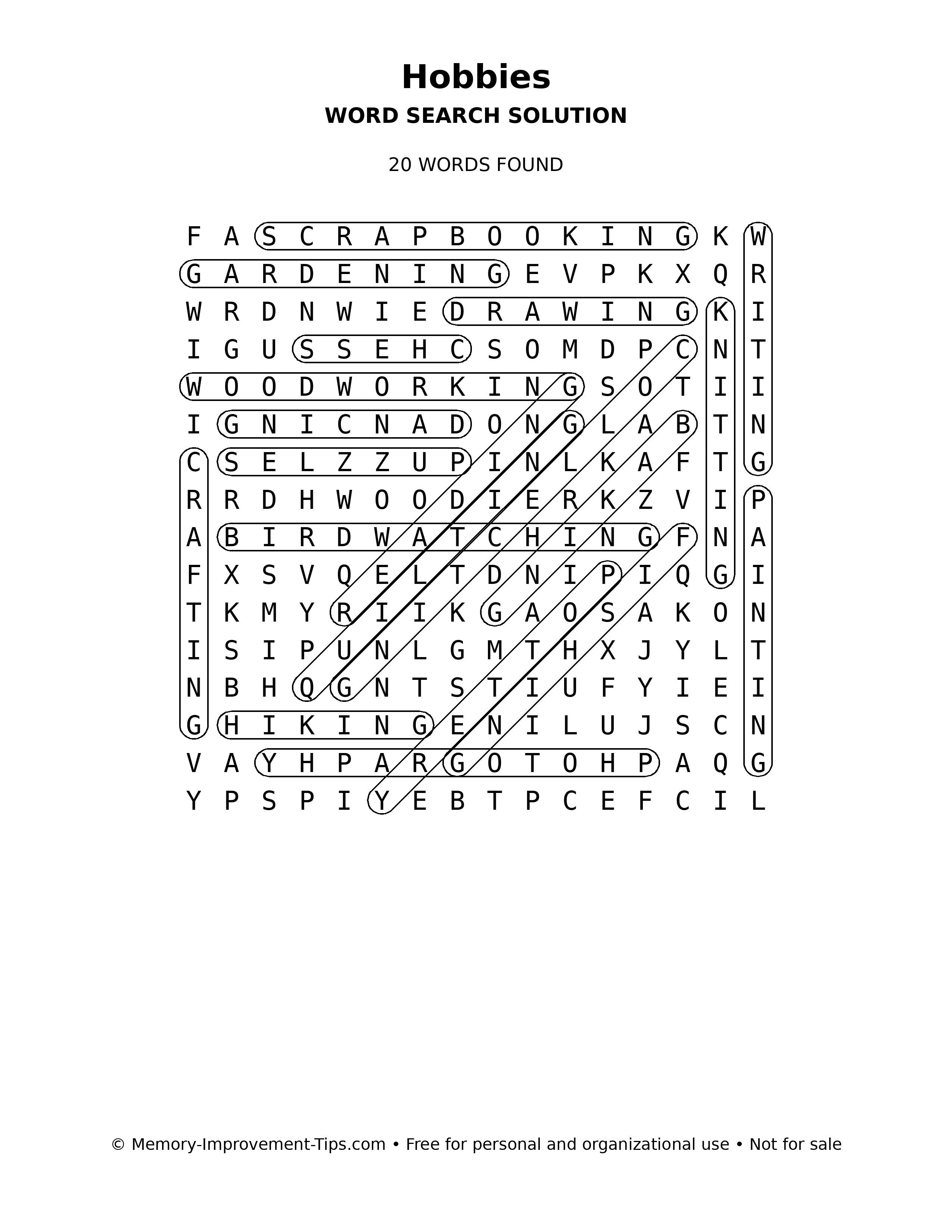 Hobbies word search solution