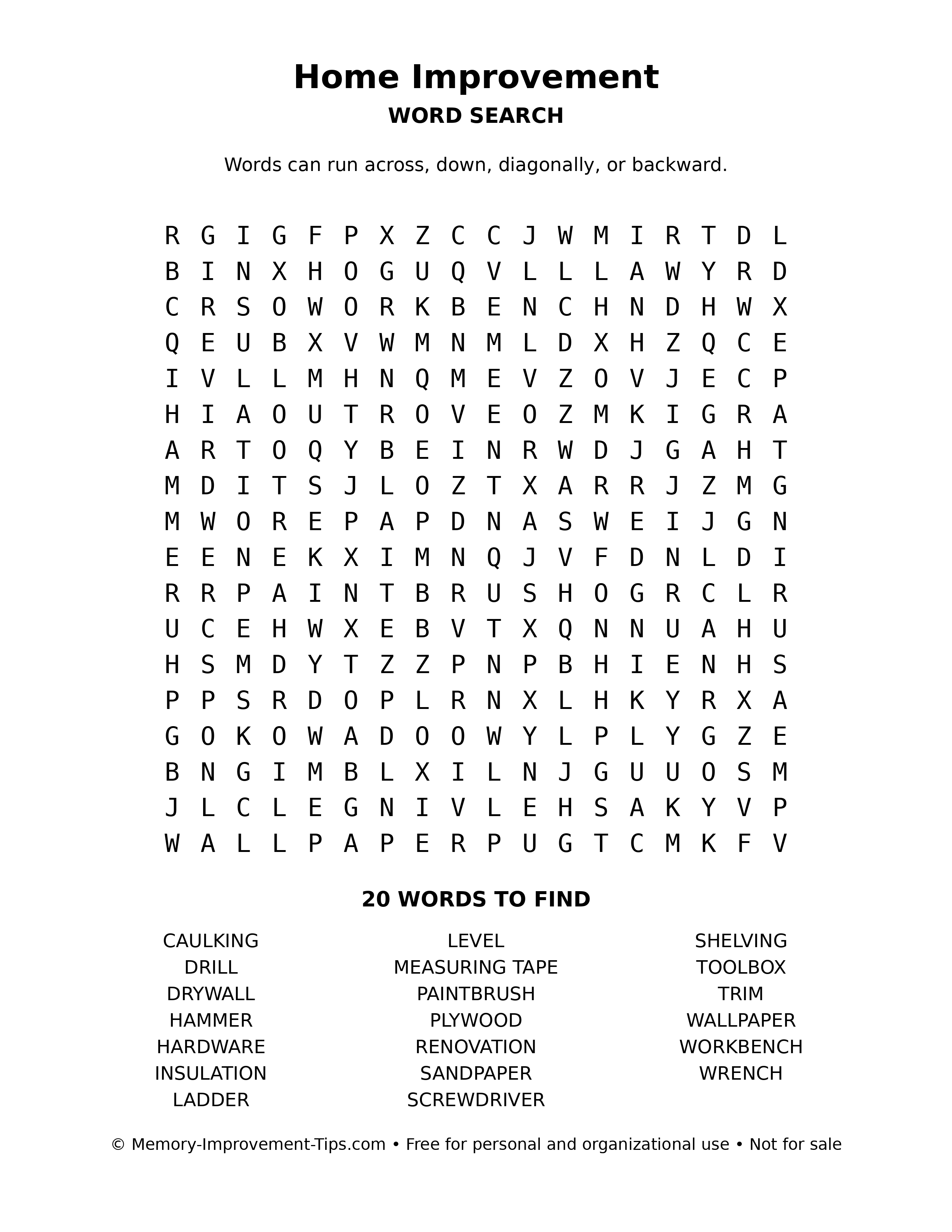 Home Improvement word search puzzle