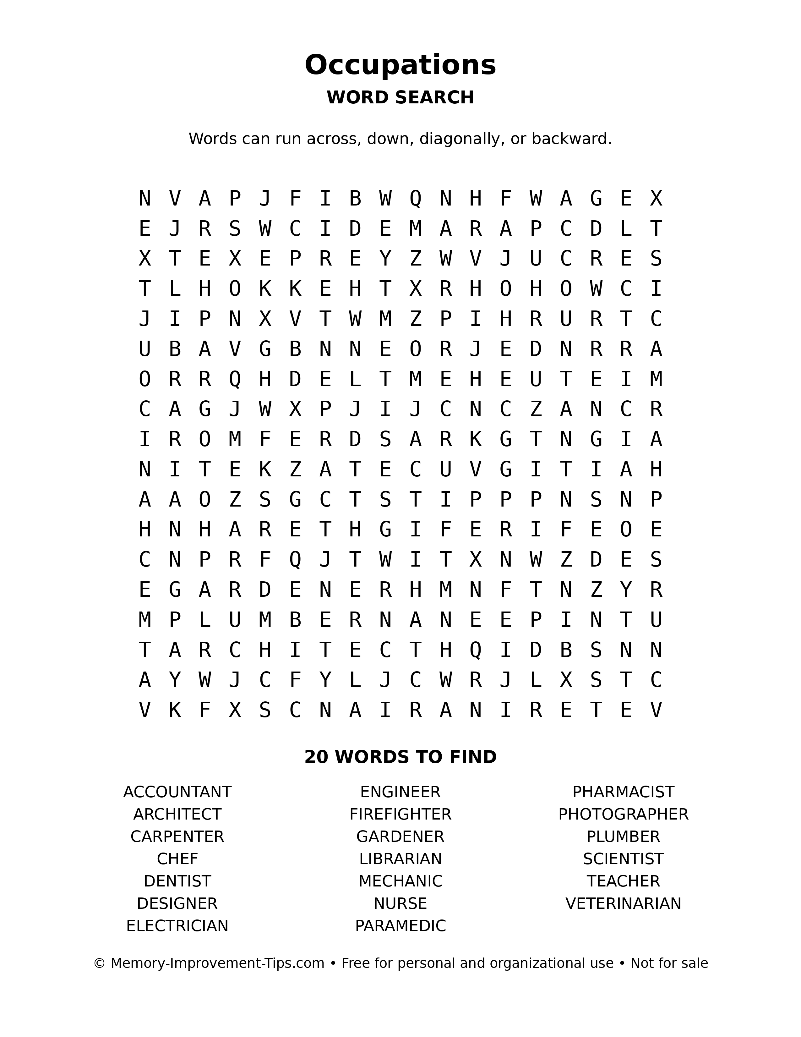 Occupations word search puzzle