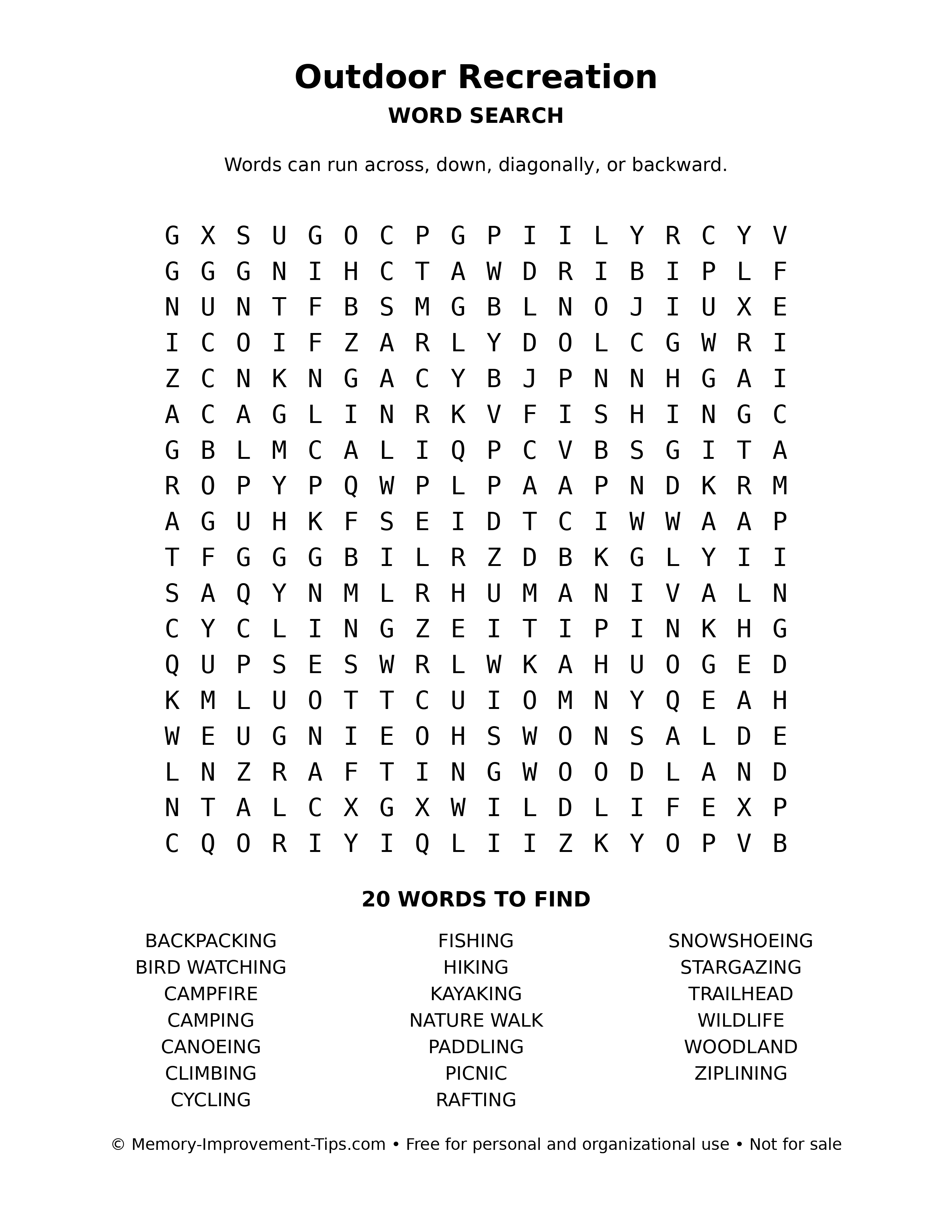 Outdoor Recreation word search puzzle