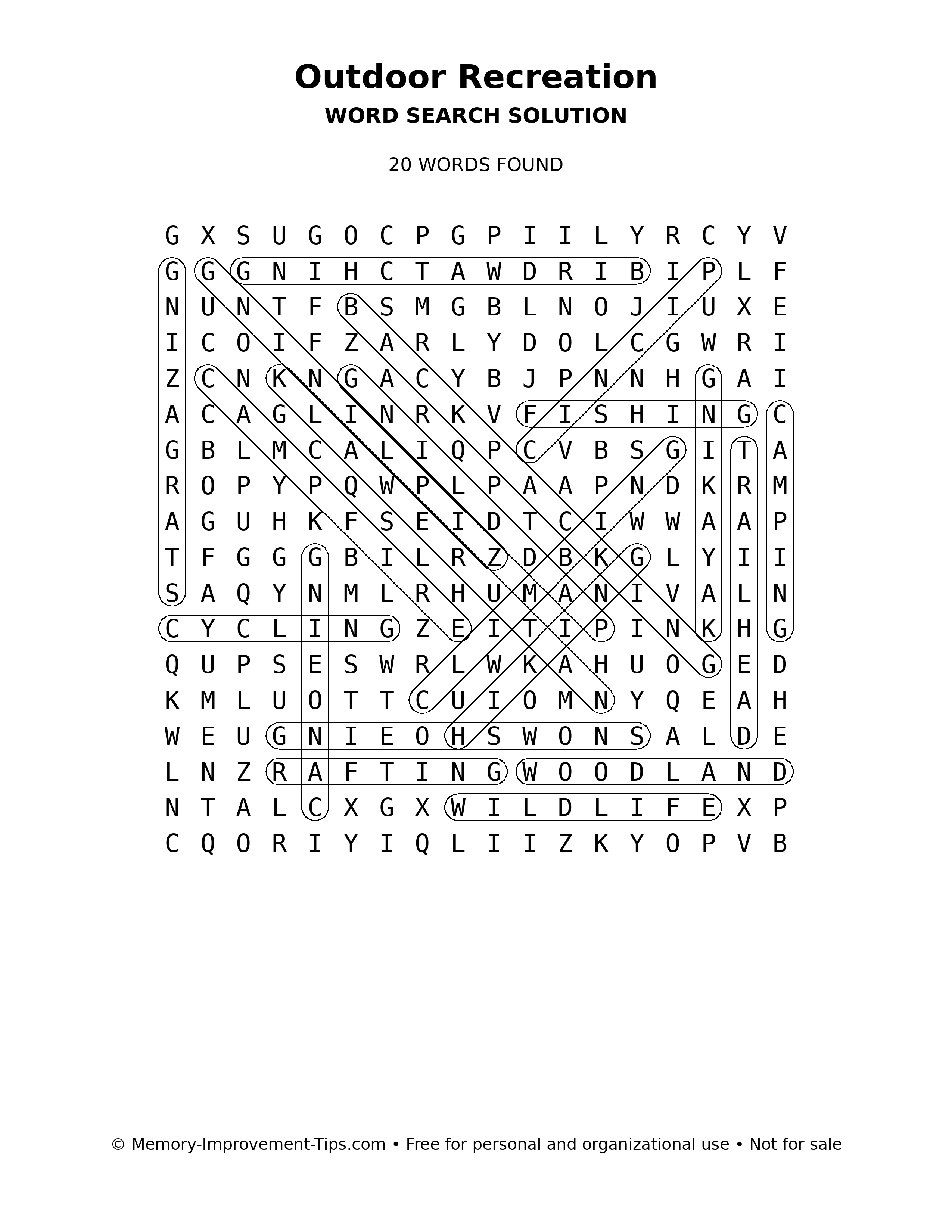 Outdoor Recreation word search solution