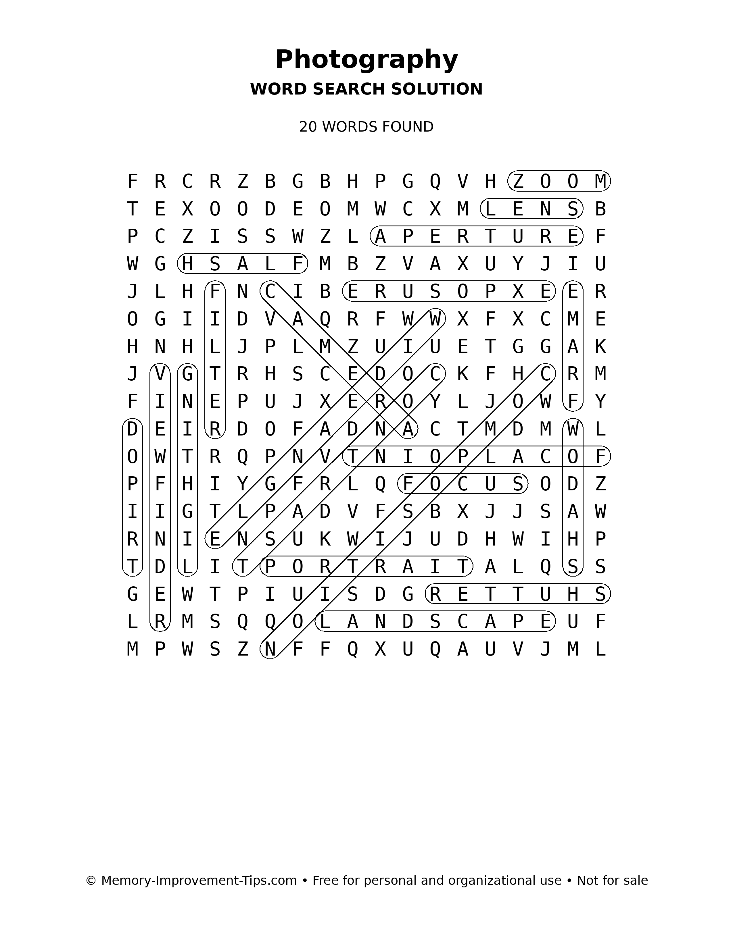 Photography word search solution