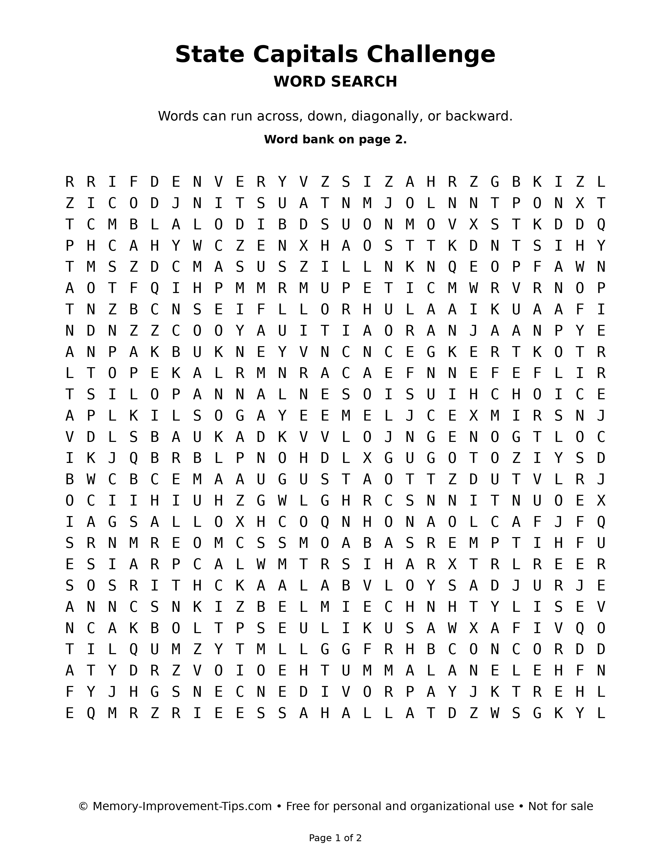 State Capitals Challenge word search puzzle