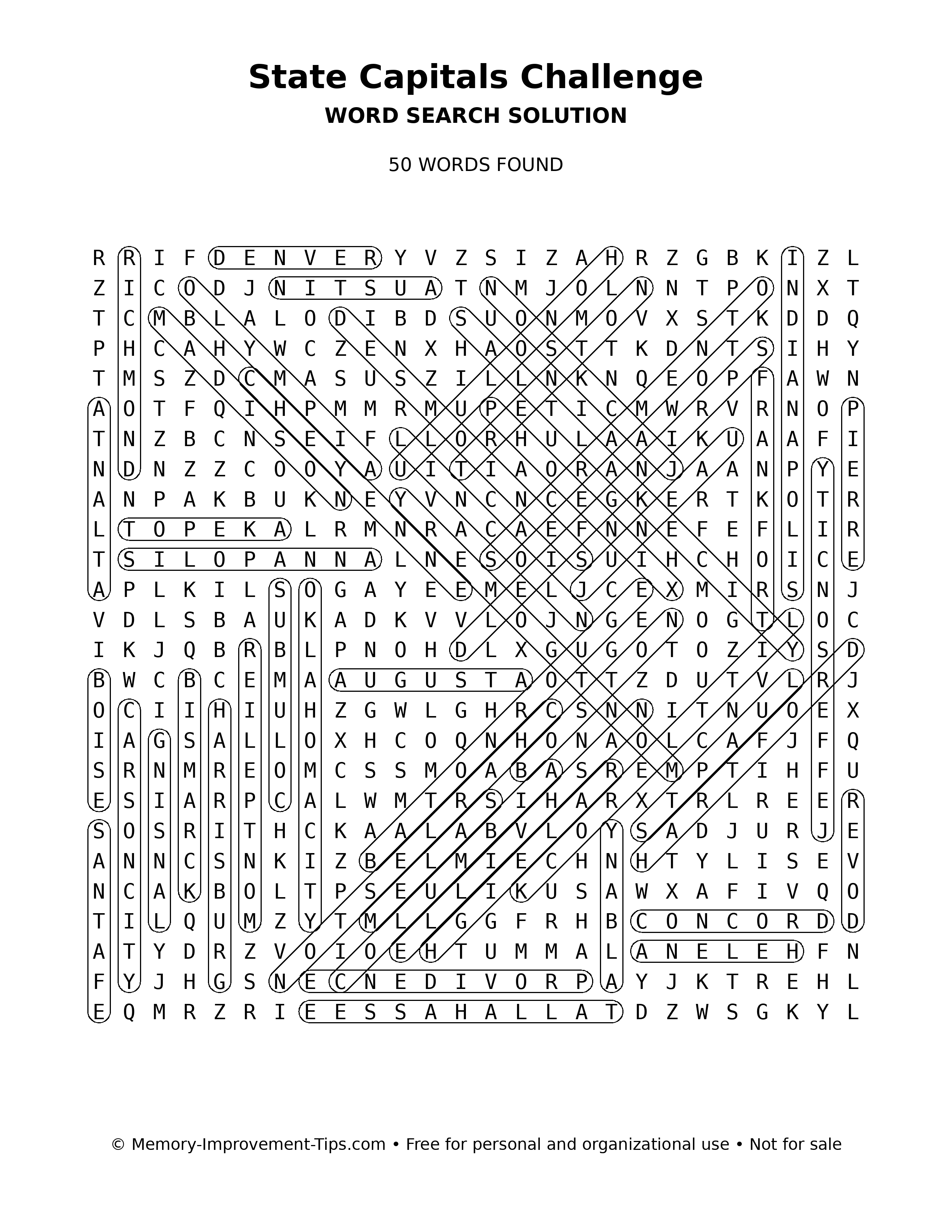 State Capitals Challenge word search solution