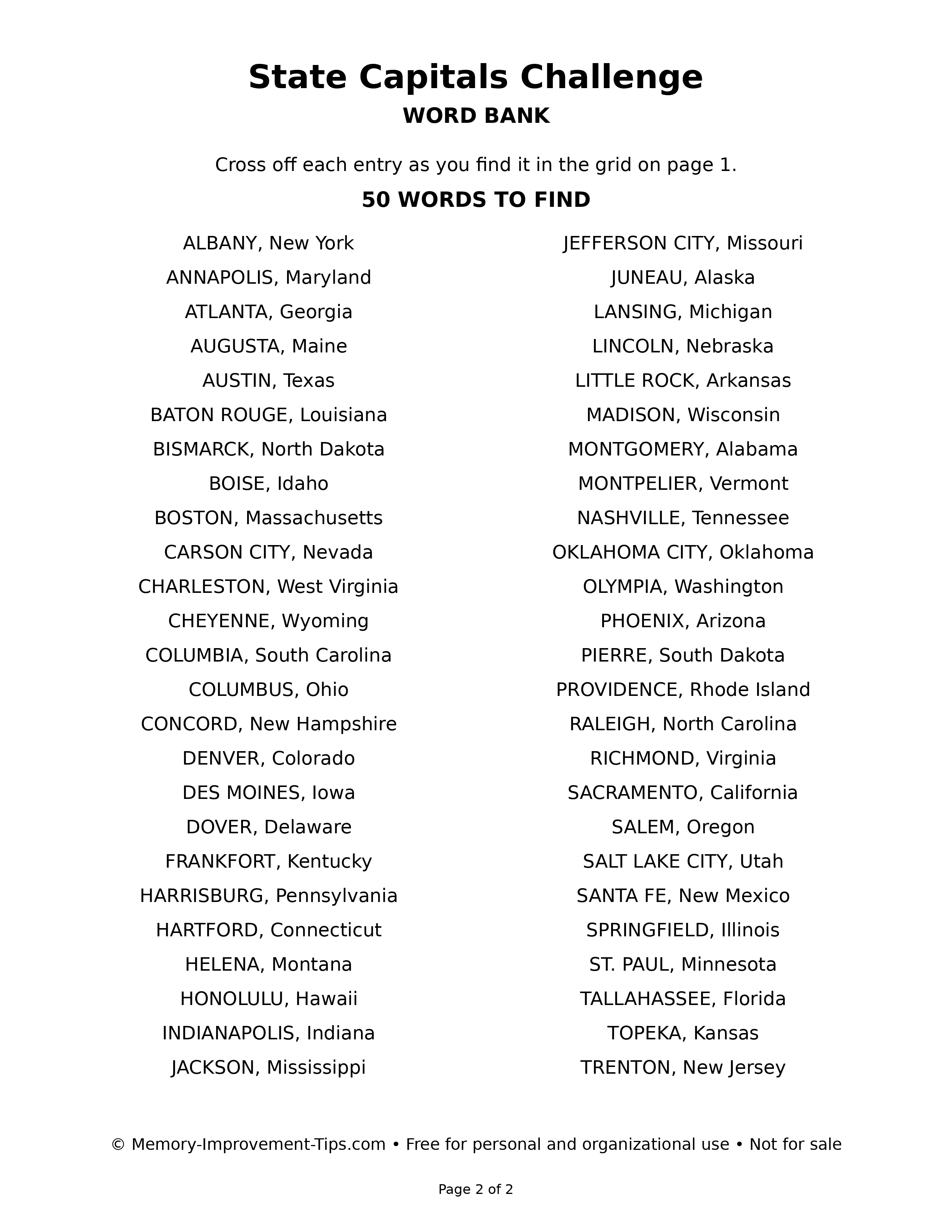 State Capitals Challenge word bank