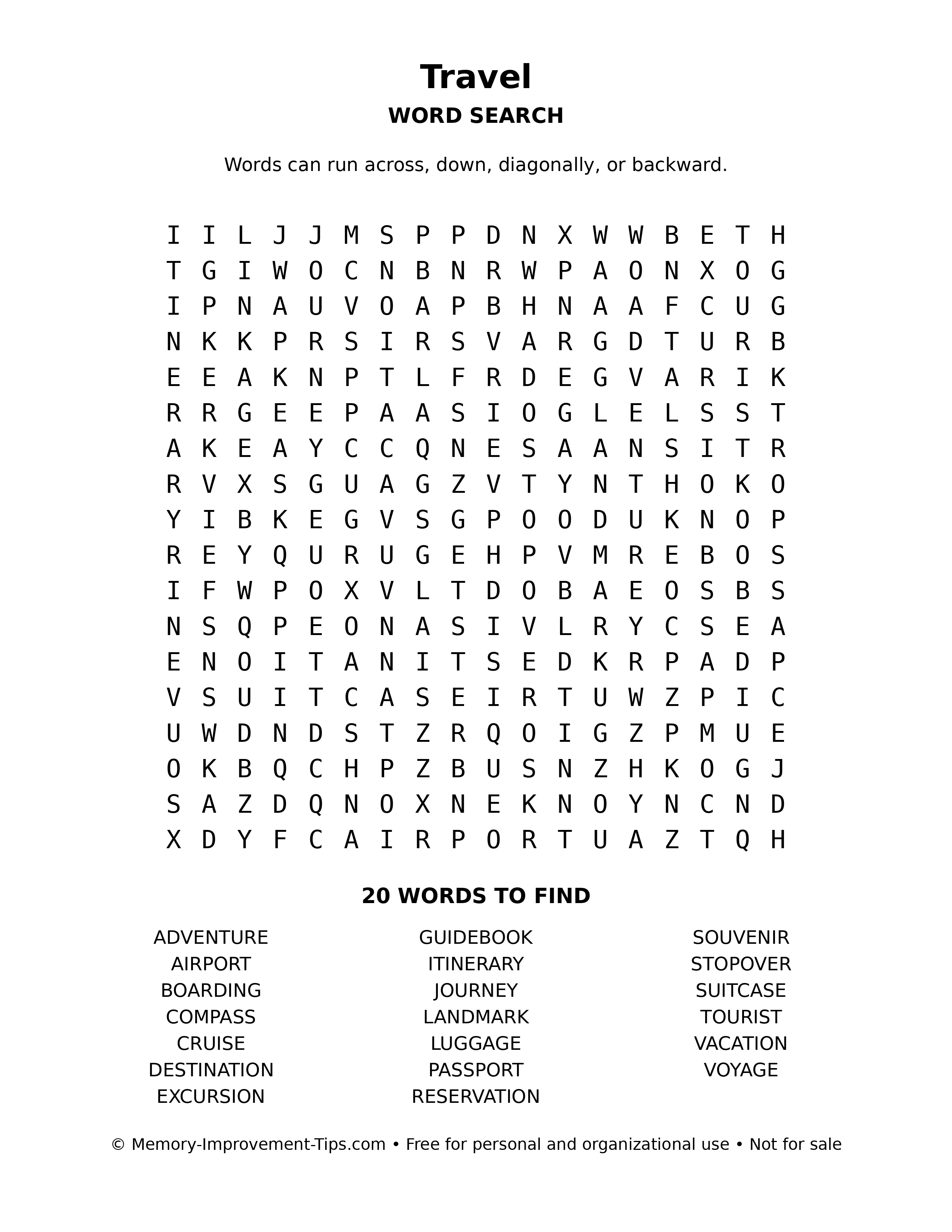 Travel word search puzzle