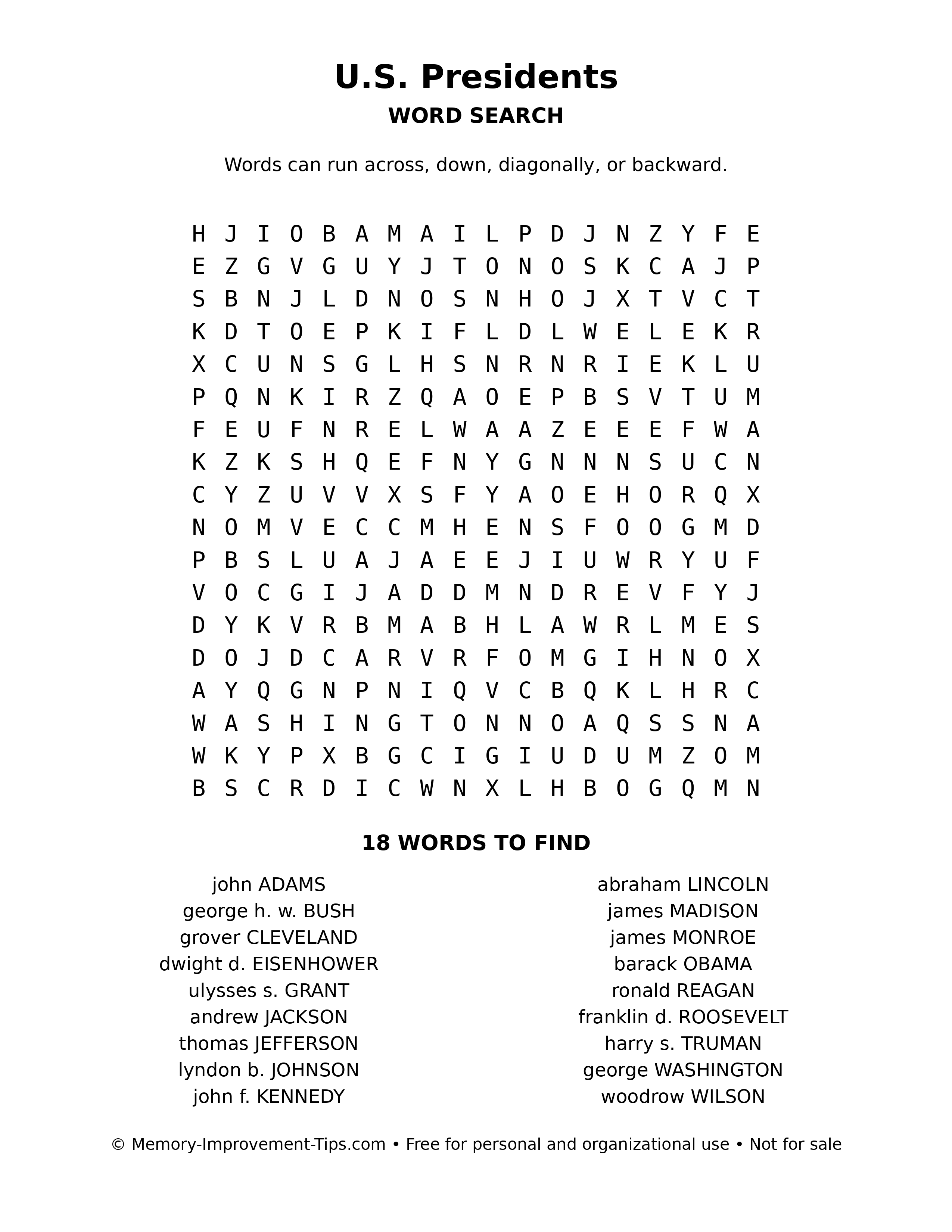 U.S. Presidents word search puzzle