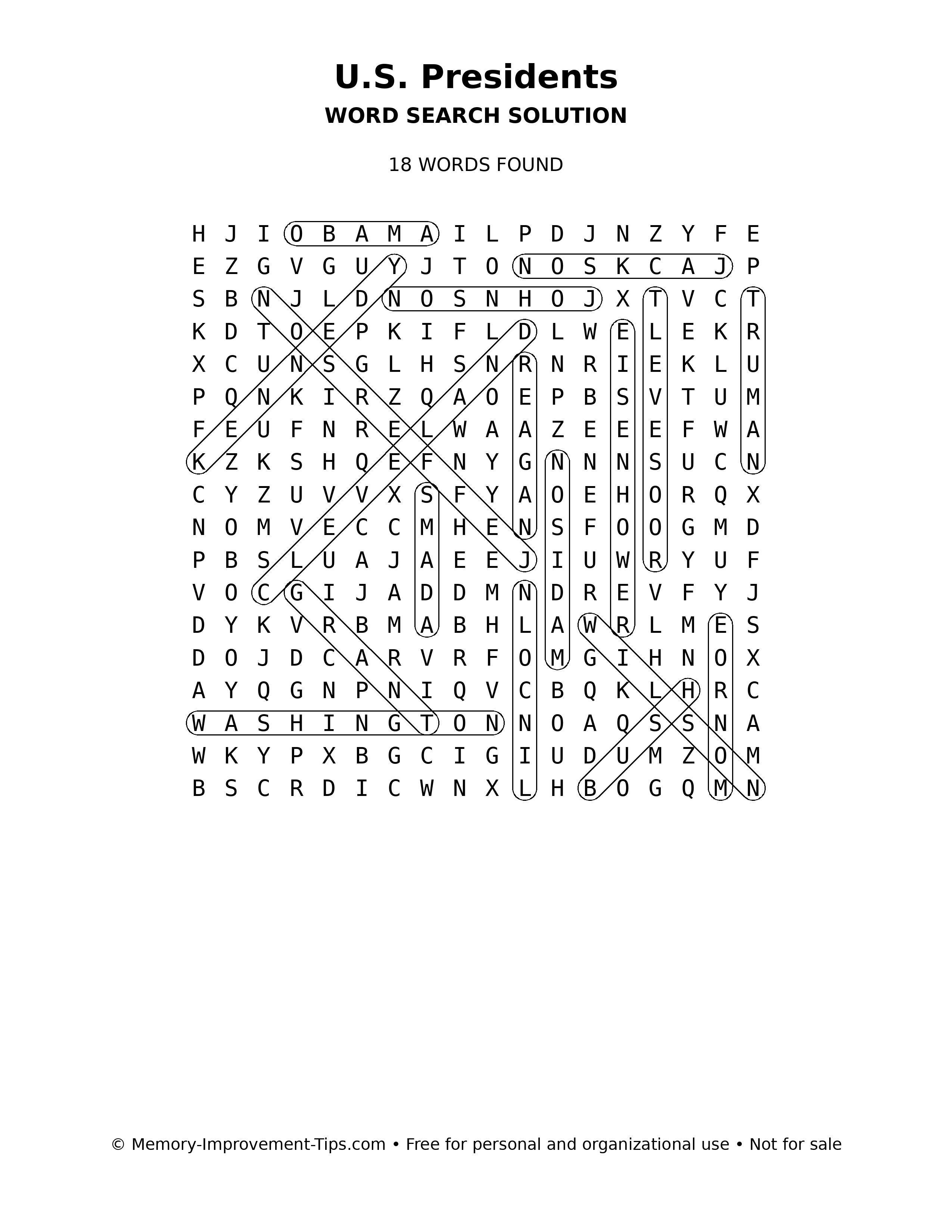 U.S. Presidents word search solution