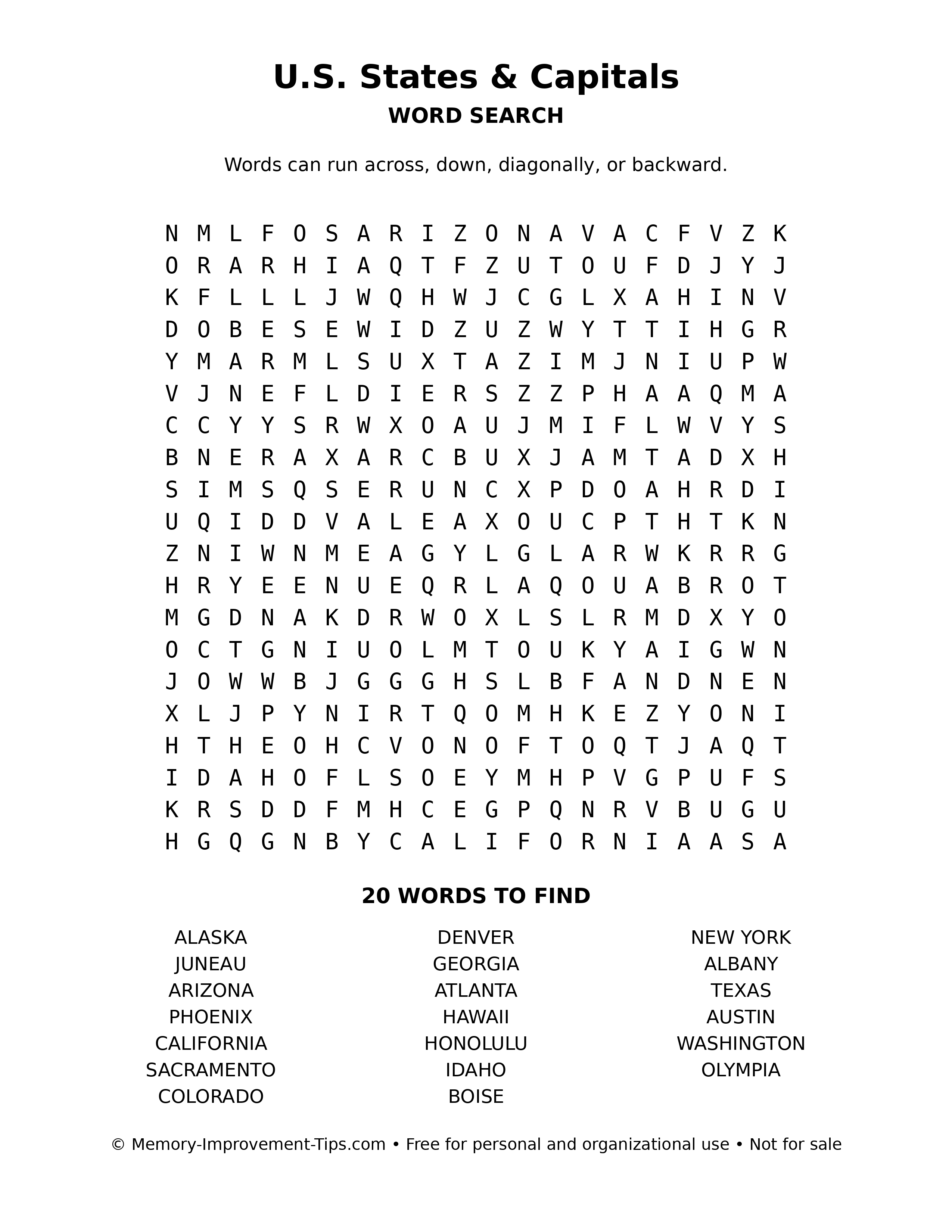 U.S. States & Capitals word search puzzle