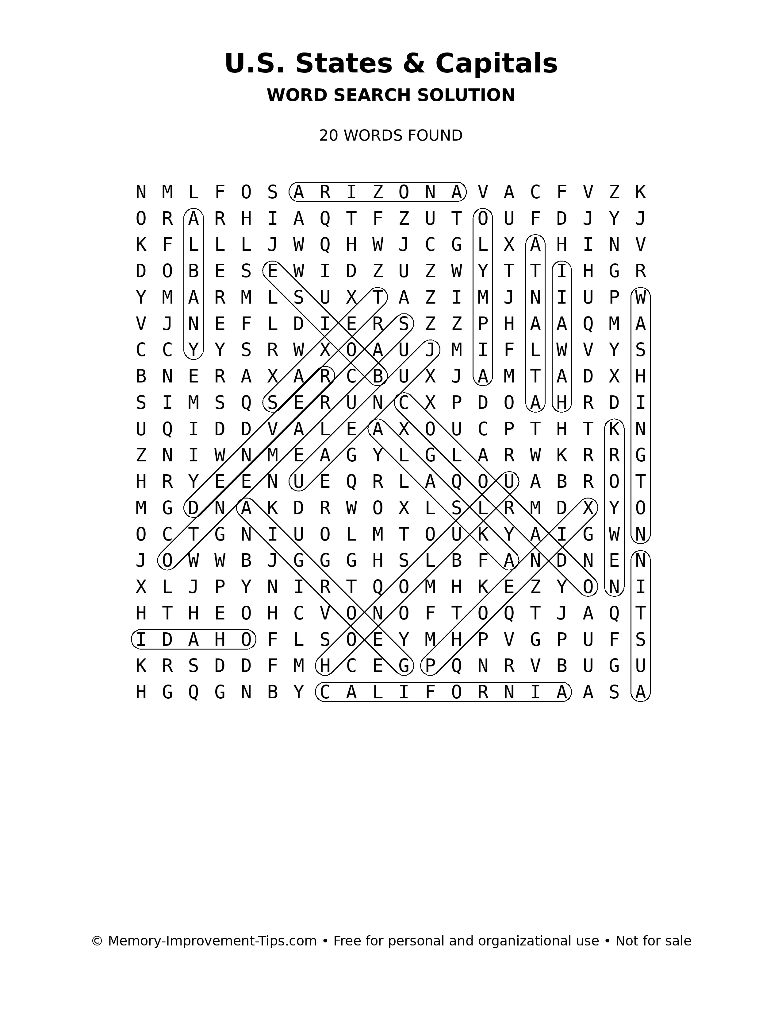 U.S. States & Capitals word search solution