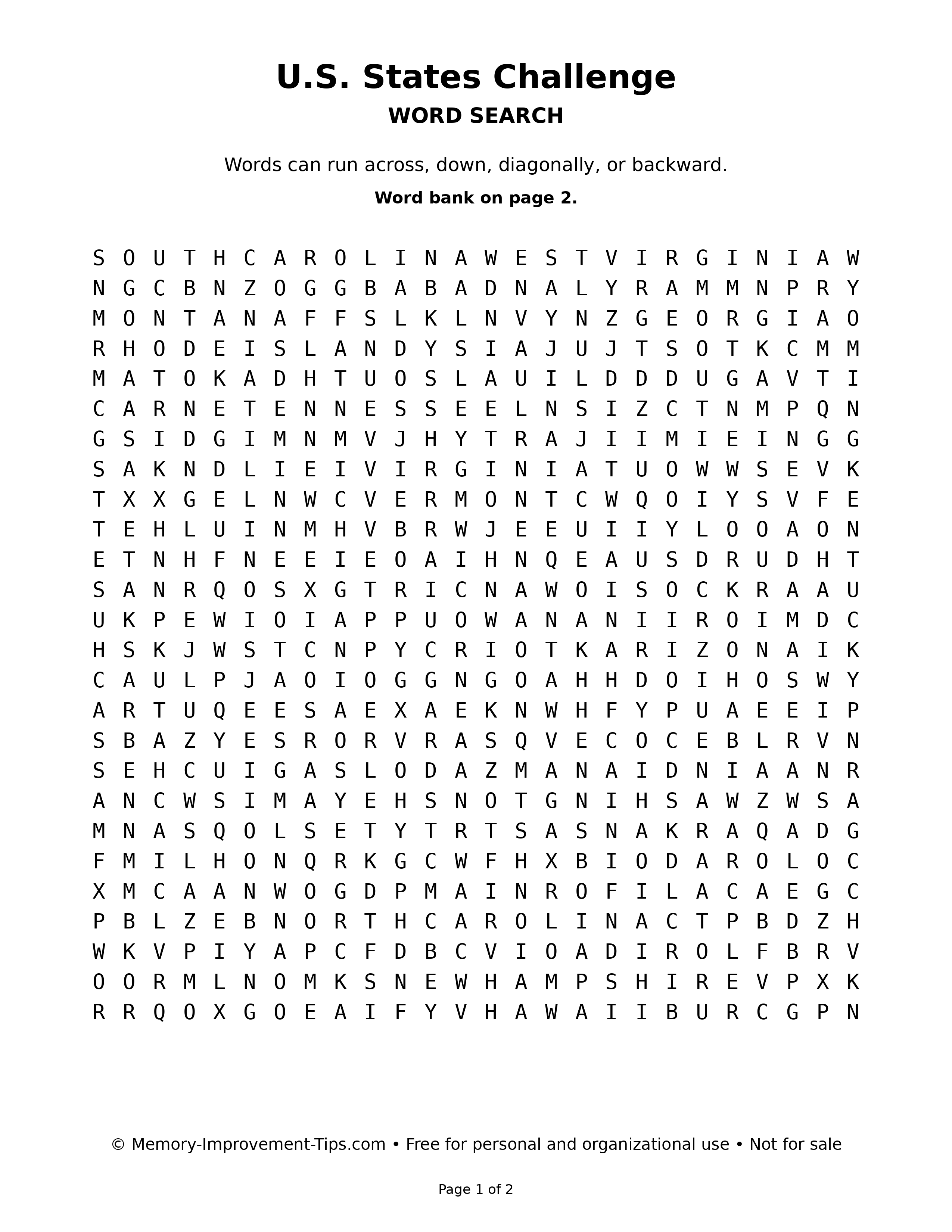 U.S. States Challenge word search puzzle