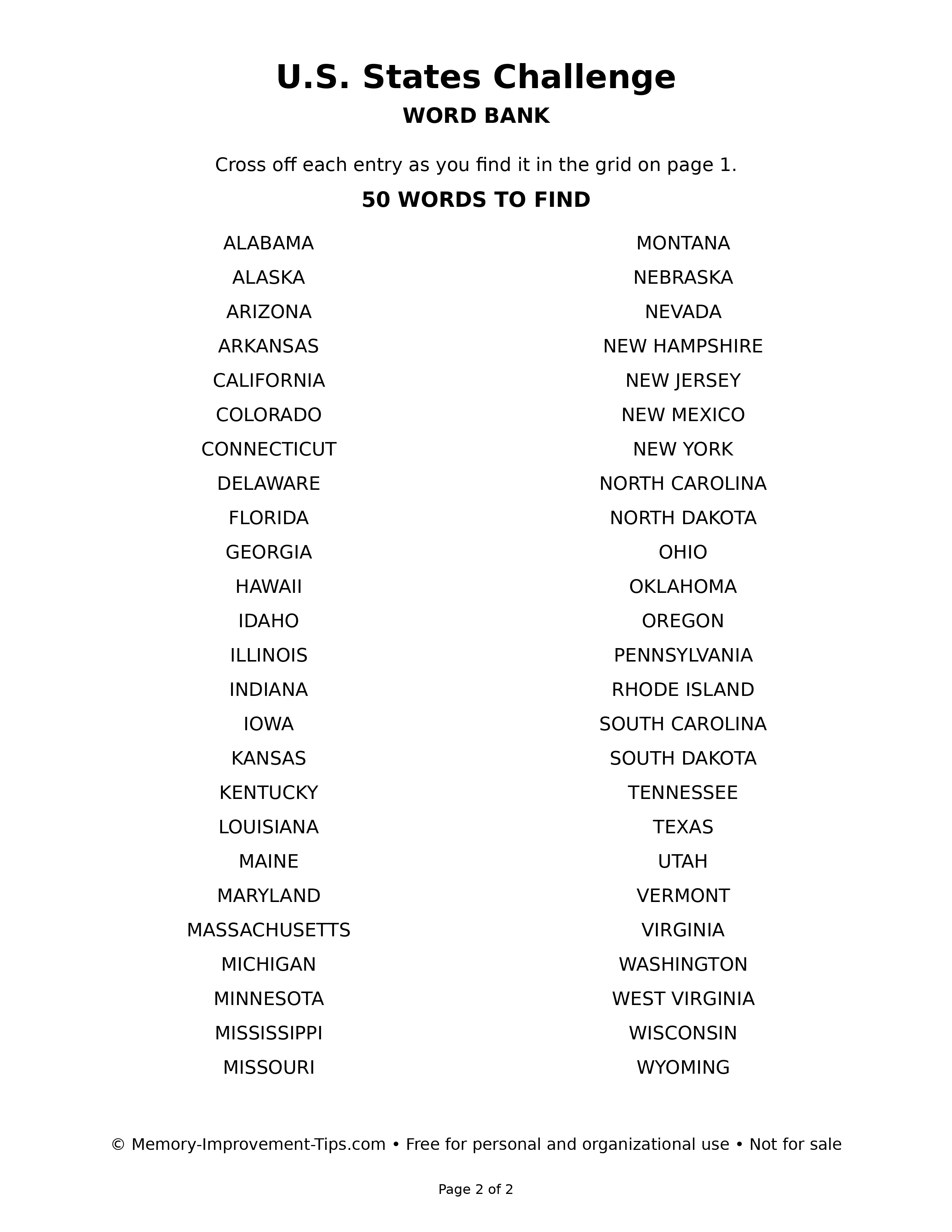 U.S. States Challenge word bank