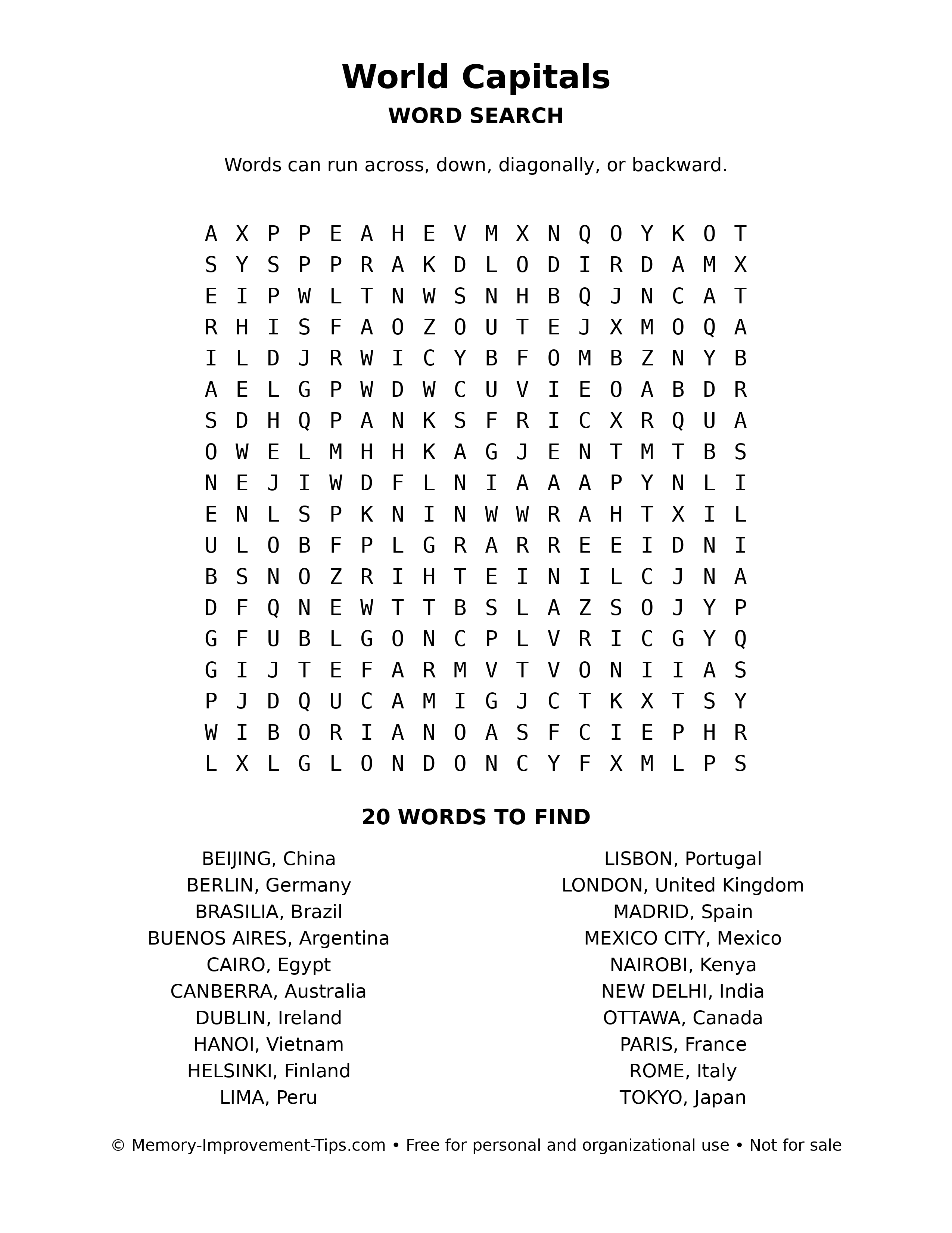 World Capitals word search puzzle