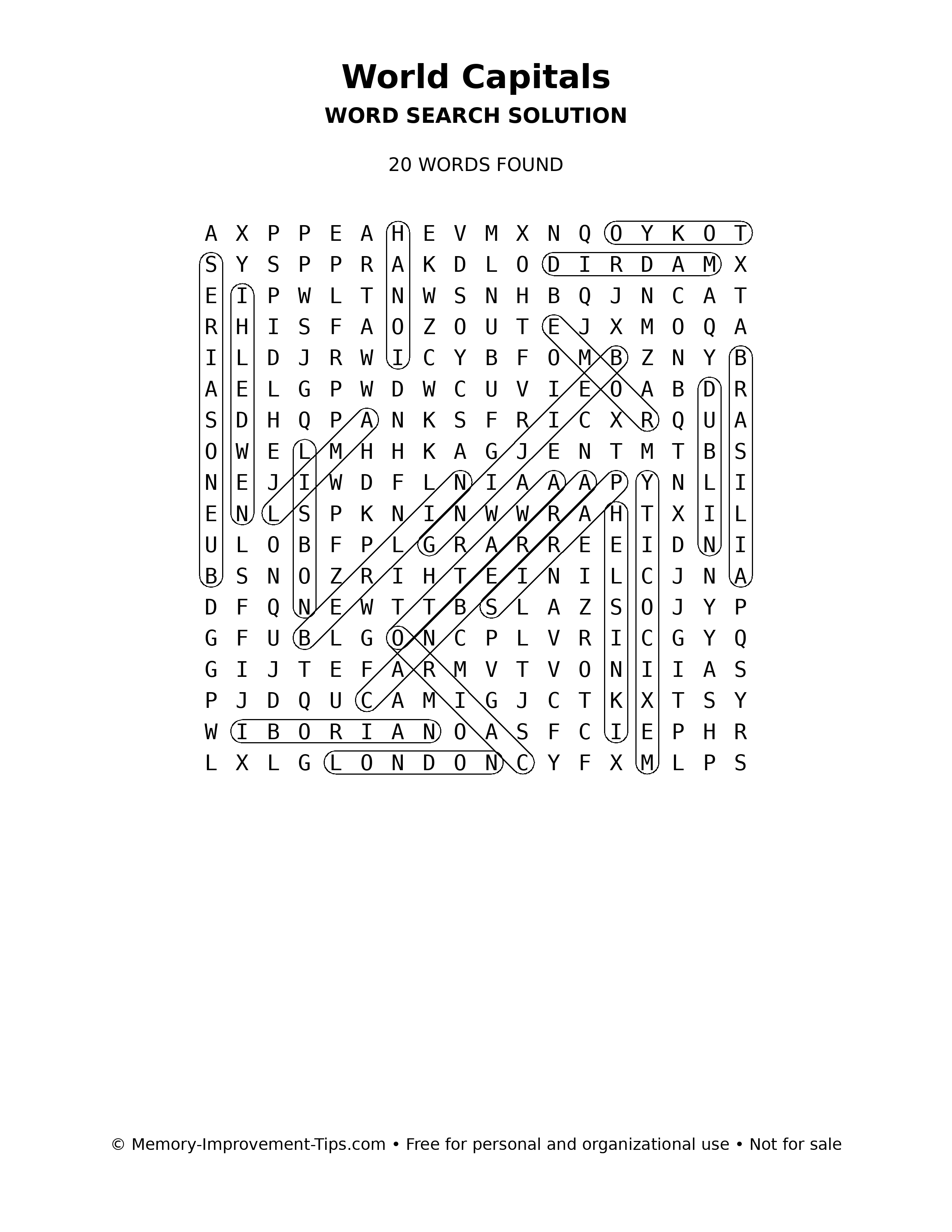 World Capitals word search solution