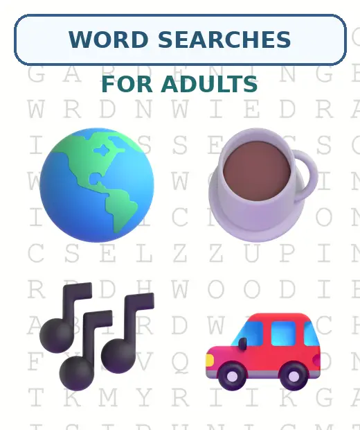 Globe, coffee, music, and car icons over a word search grid