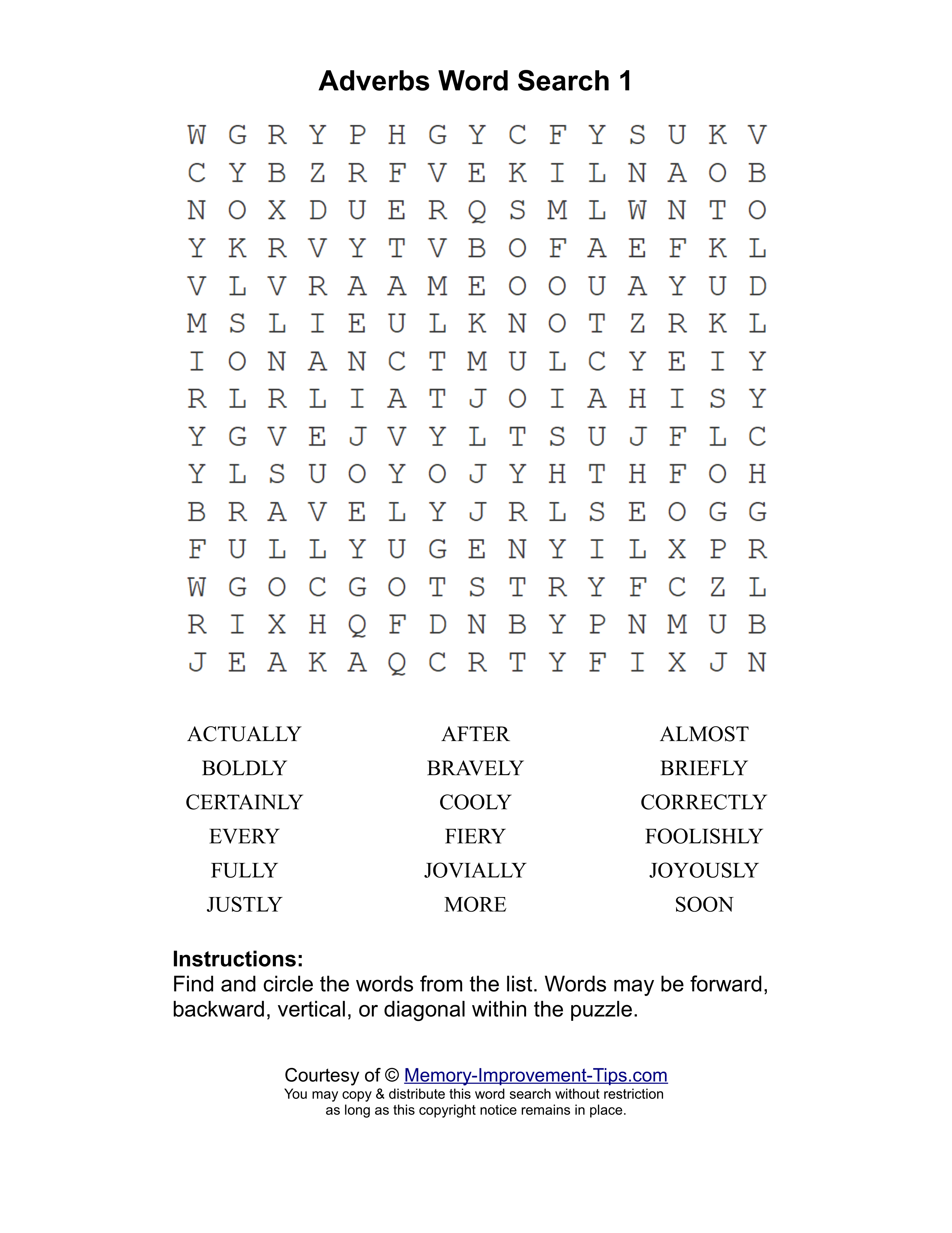 Adverbs 1 word search printable puzzle