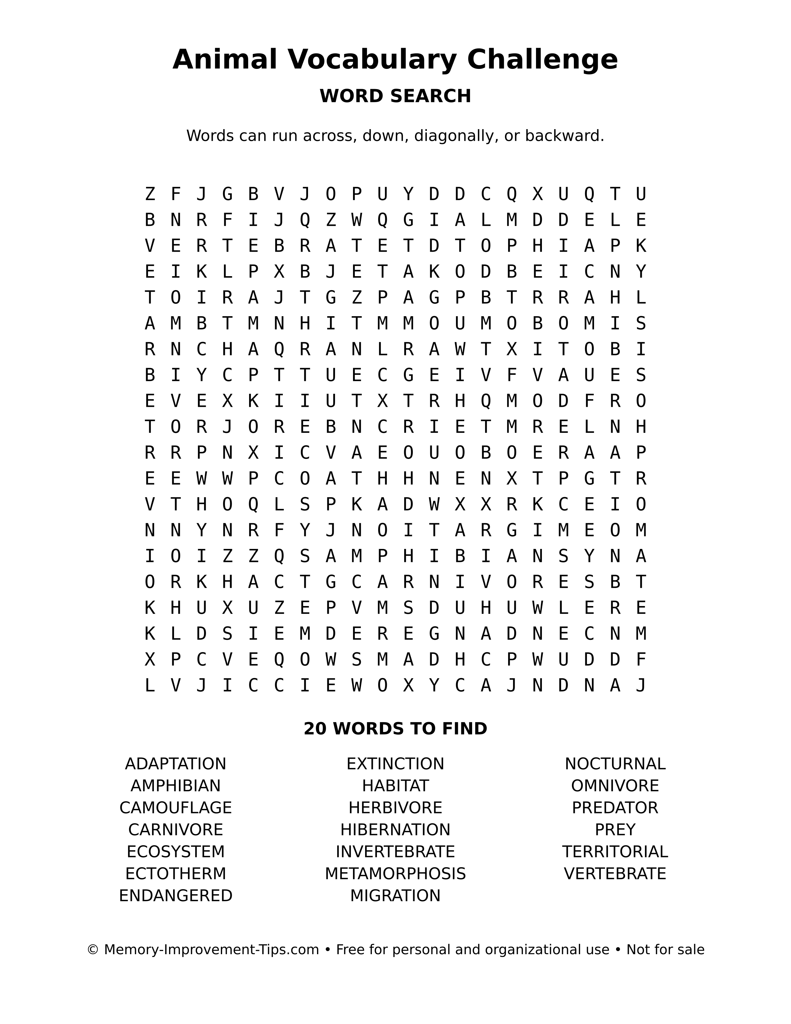 Printable puzzle: Animal Vocabulary Challenge word search