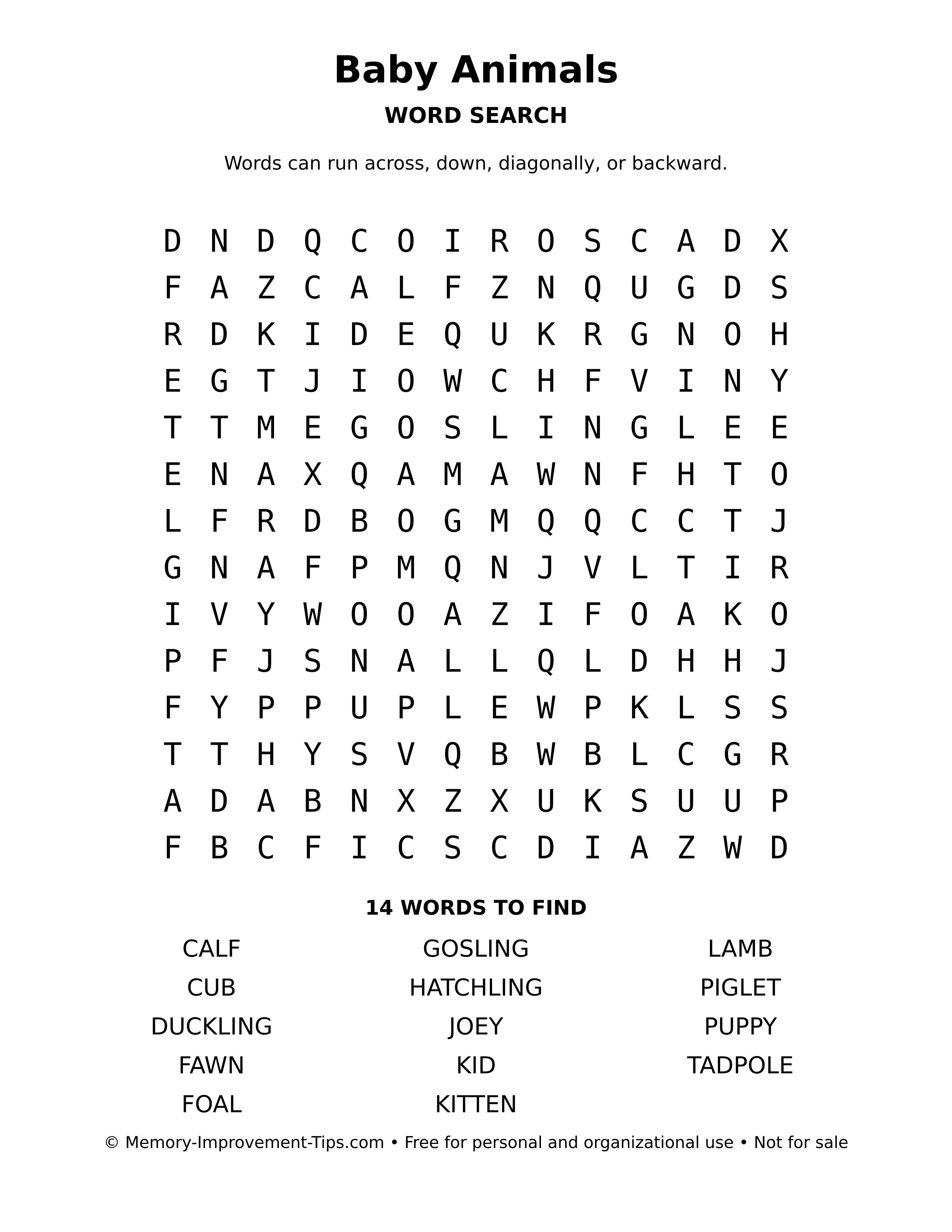 Printable puzzle: Baby Animals word search