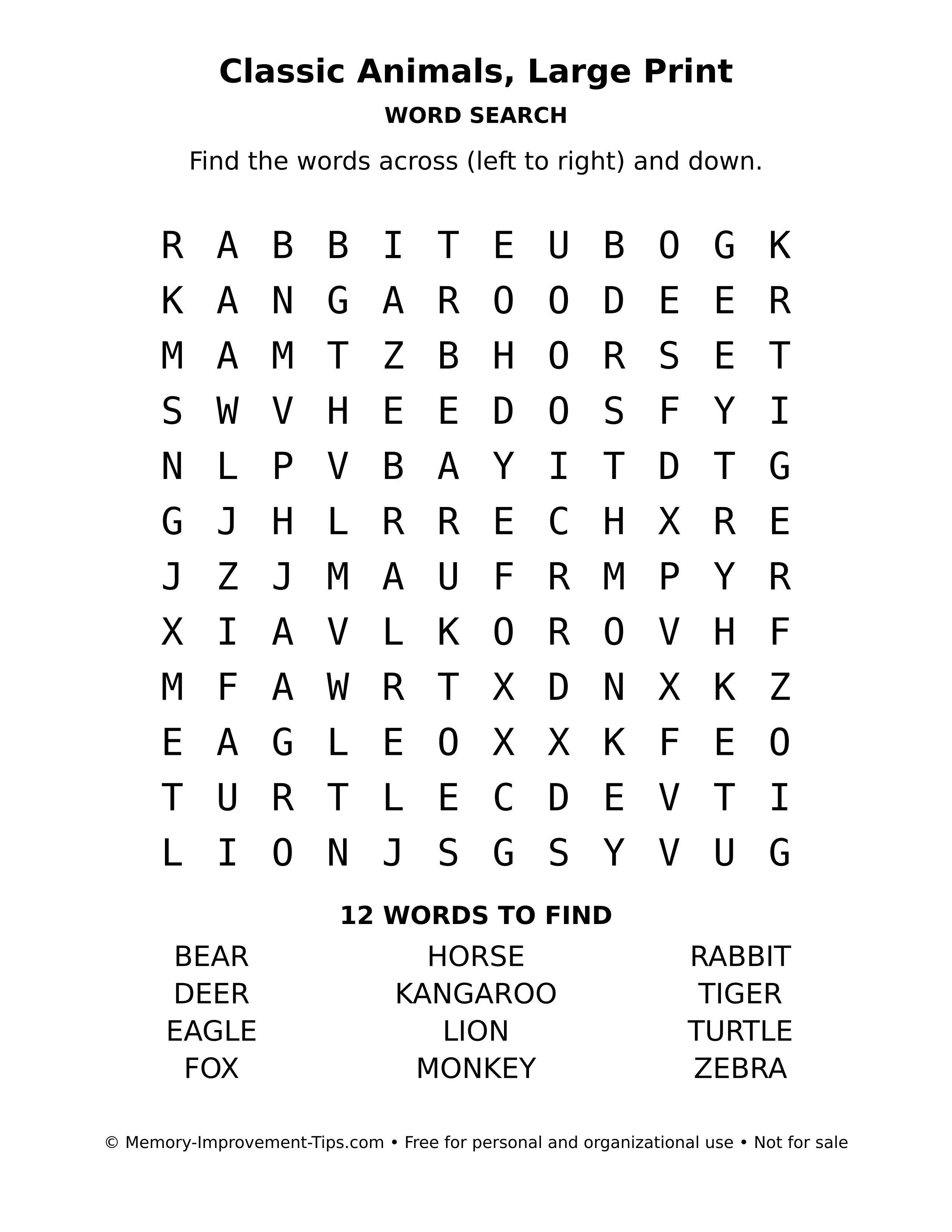 Printable puzzle: Classic Animals, Large Print word search