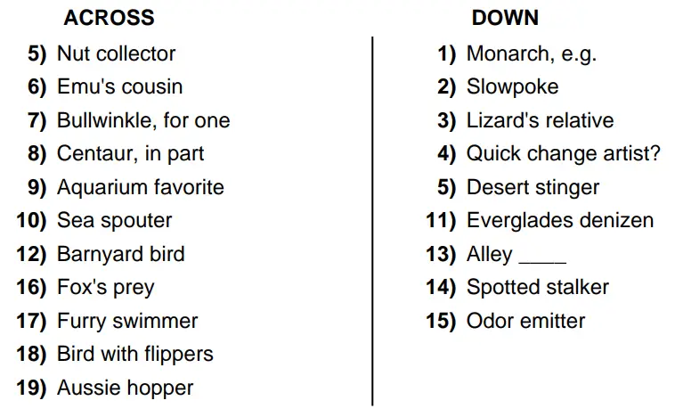Animal Crossword Puzzle Clues