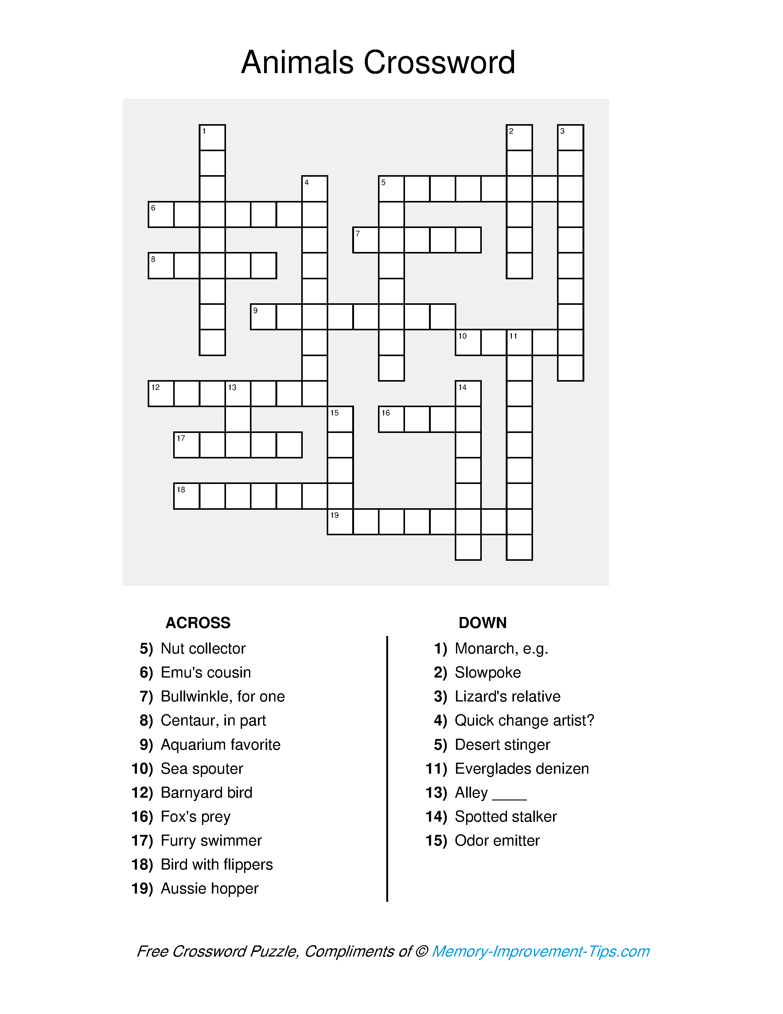 Free printable Animal Crossword Puzzle with clues