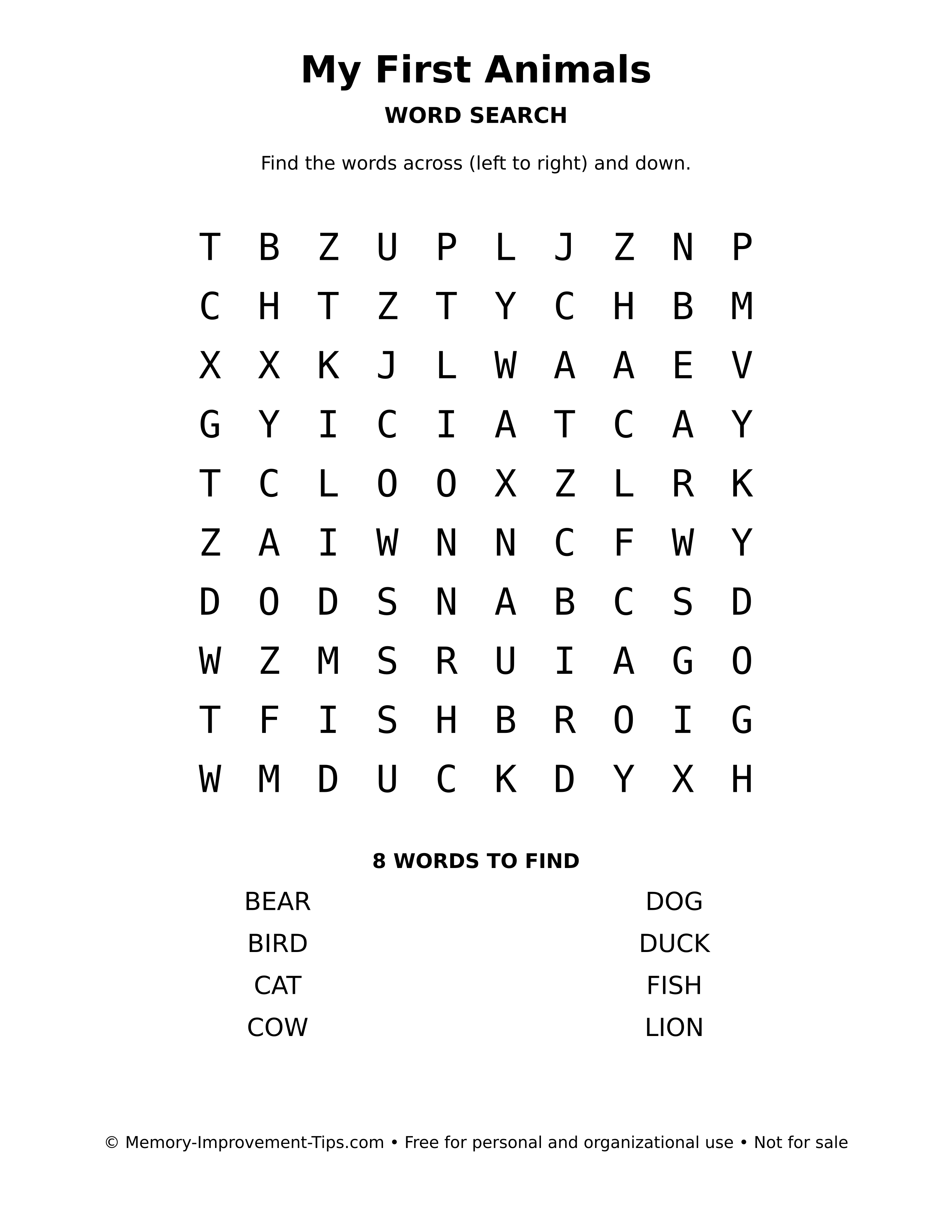 Printable puzzle: My First Animals word search