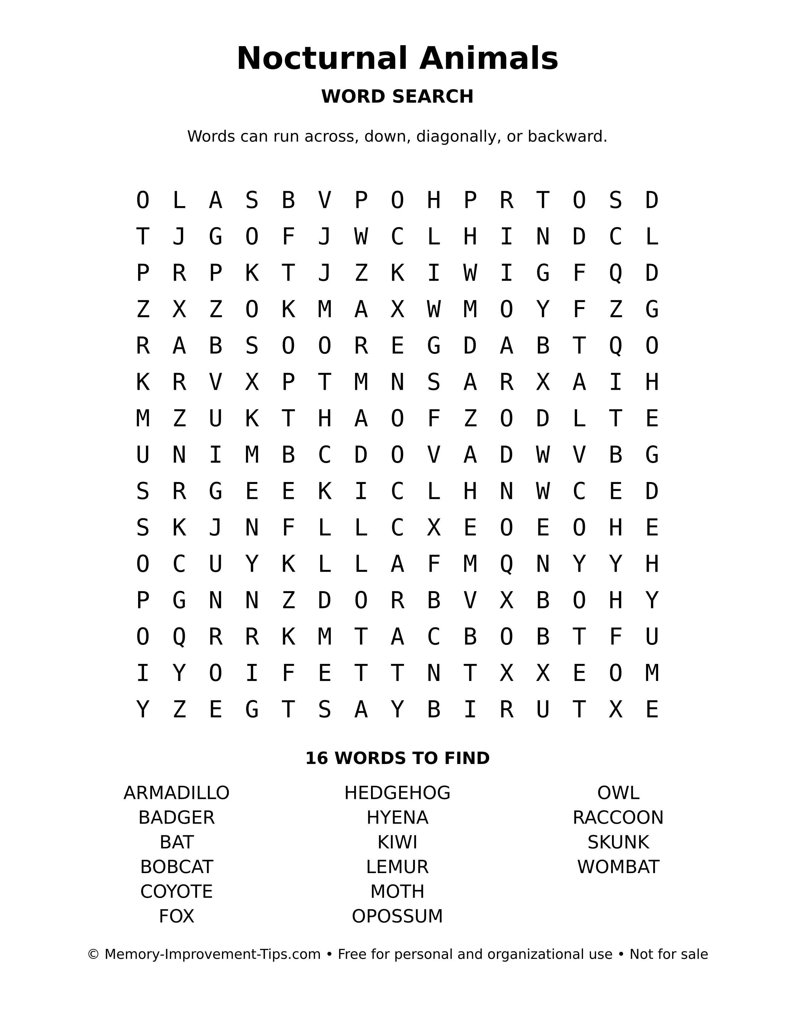 Printable puzzle: Nocturnal Animals word search